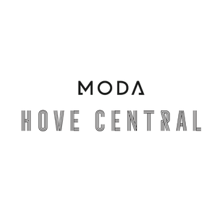 Logo for Moda Hove Central with red and black text on a white background.