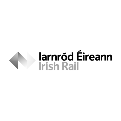 Logo for Irish Rail with green and orange arrows pointing left and right, and text in Irish and English.