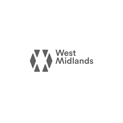 Logo of West Midlands Railway with stylized black and orange train tracks