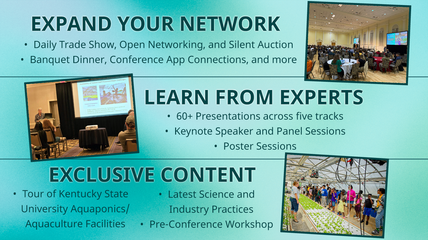 Three-section graphic on conference benefits: Expand Your Network, with a photo of a full banquet hall; Learn From Experts, with a photo of a conference presentation; and Exclusive Content, with a photo of attendees touring a greenhouse.
