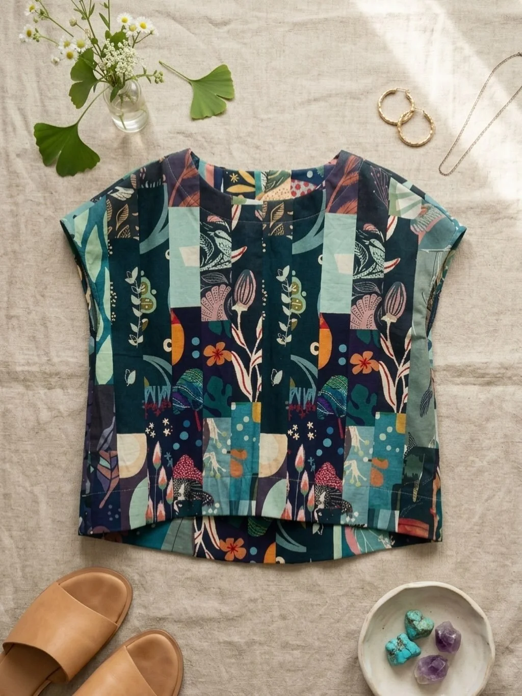 Feeling so inspired by this unique textile I designed! After creating the 'patchwork-print' dress, I knew I needed a summer blouse in the same fabric. 
This breezy sleeveless top is perfect for hot days, keeping all the artful detail and vibrant colo