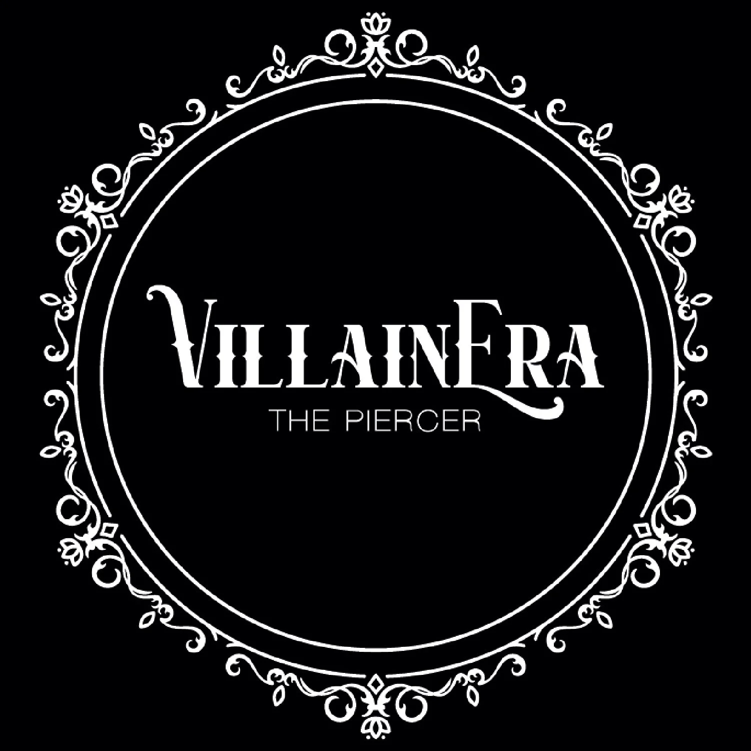Logo for VillainERA, The Piercer, with an ornate white circular border on a black background.