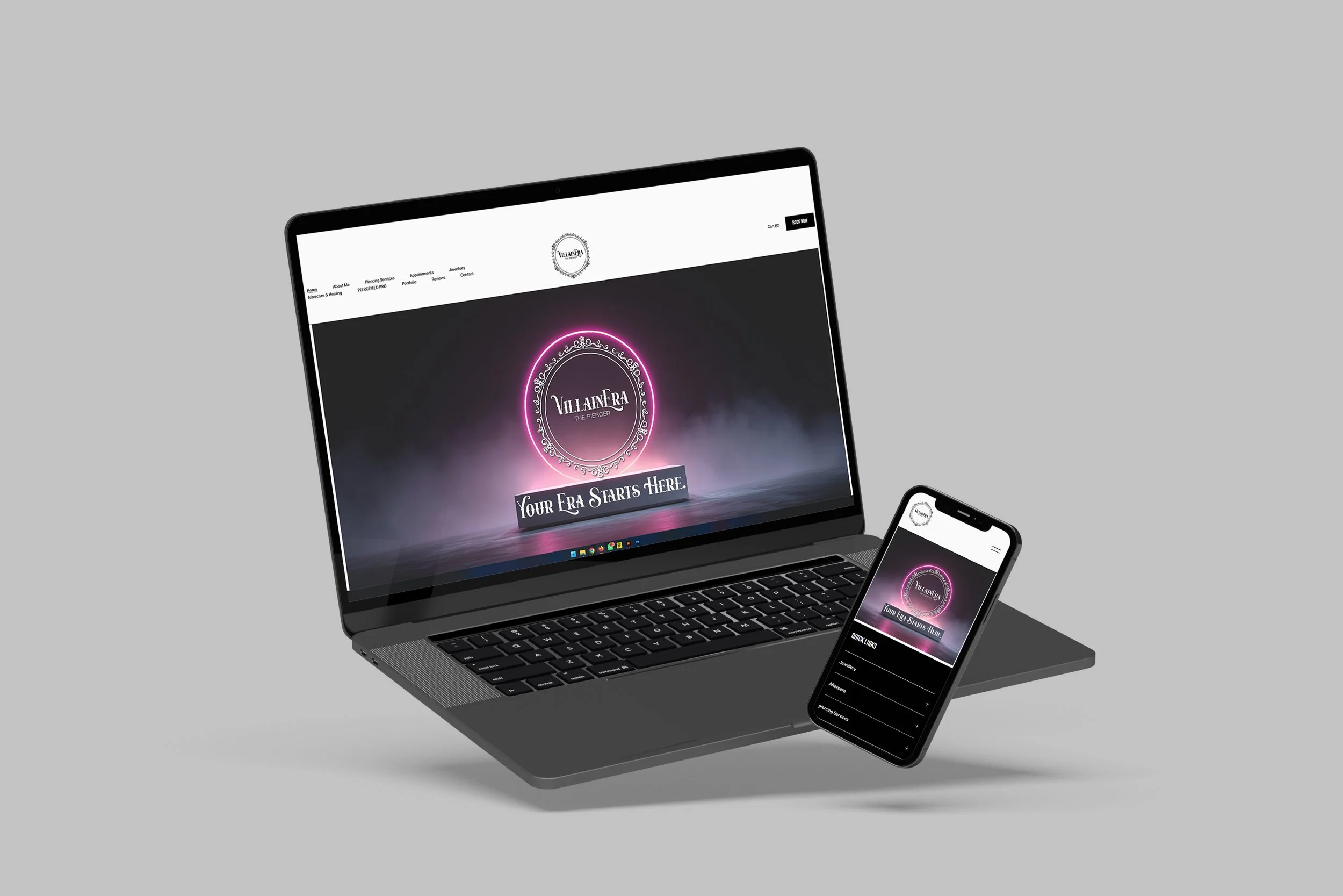 A laptop and a smartphone displaying a website with a pink neon logo that says "Villain Fra" and the tagline "Your Era Starts Here." The laptop screen shows the website's homepage with navigation links at the top.