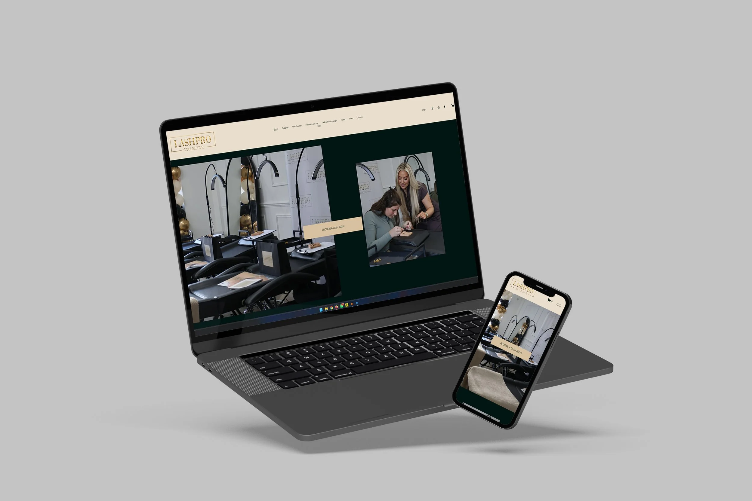A laptop and a smartphone displaying the LashPro Collective website with images of a salon interior and hairstyling.