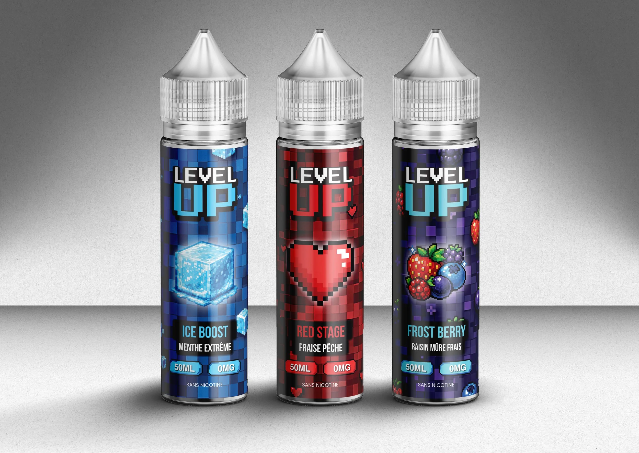 Three bottles of flavored e-liquid for vaping with pixel art style labels. The first bottle is blue with ice cube and winter theme labeled "Ice Boost". The second bottle is red with a heart and romantic theme labeled "Red Stage". The third bottle is purple with berries and forest theme labeled "Frost Berry." All bottles are 50ml, nicotine-free, and have a metallic cap.