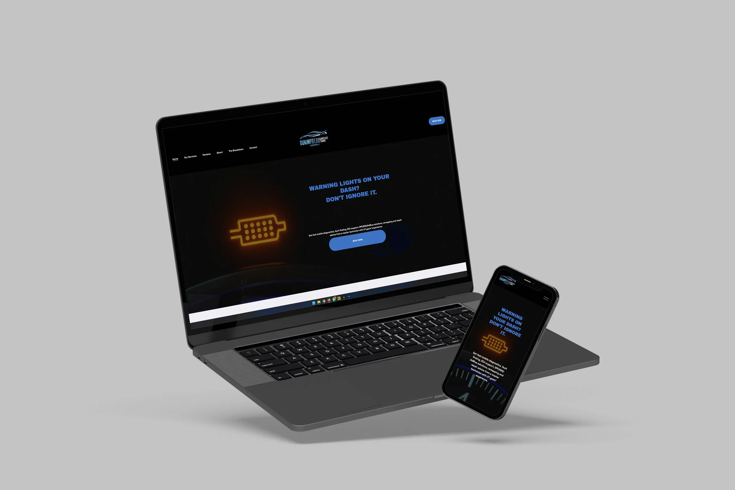A laptop and smartphone displaying a website with a warning message about dashboard lights. The laptop screen shows a black background with text and a neon icon of a dashboard warning light in yellow. The smartphone screen has the same content as the laptop.