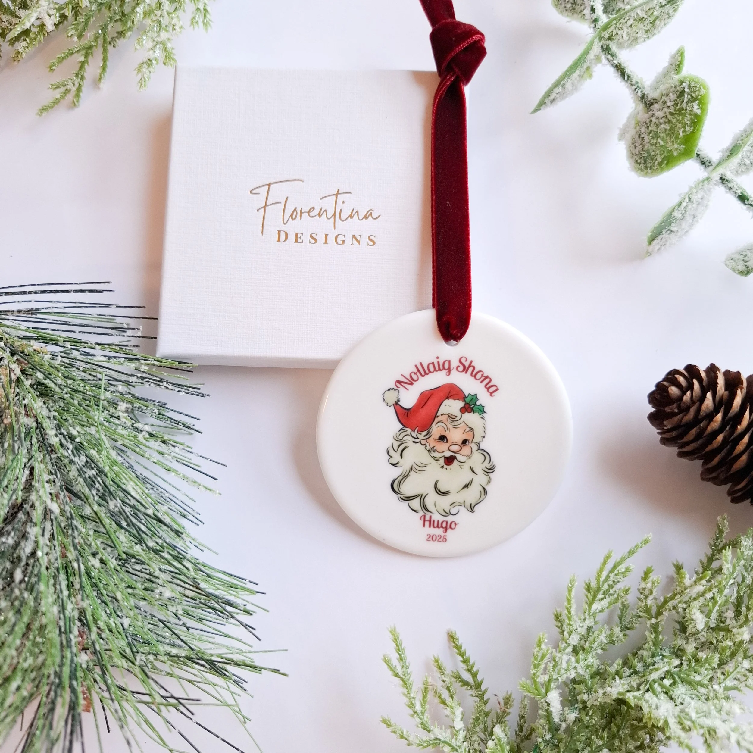 Personalised 2025 'Nollaig Shona' Retro Santa Ceramic Christmas Ornament