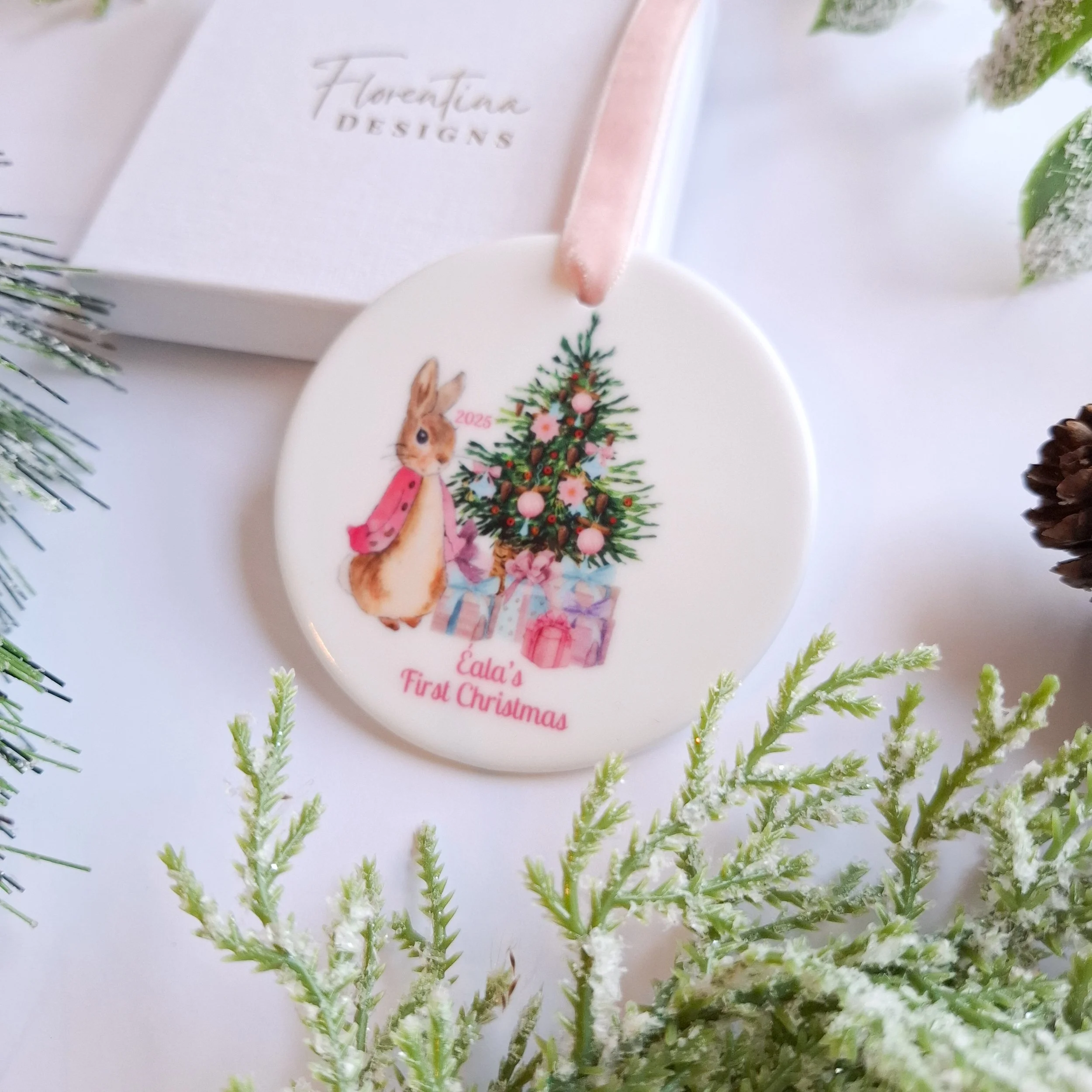 Personalised 2025 Pink Peter Rabbit Inspired Ceramic Christmas Decoration