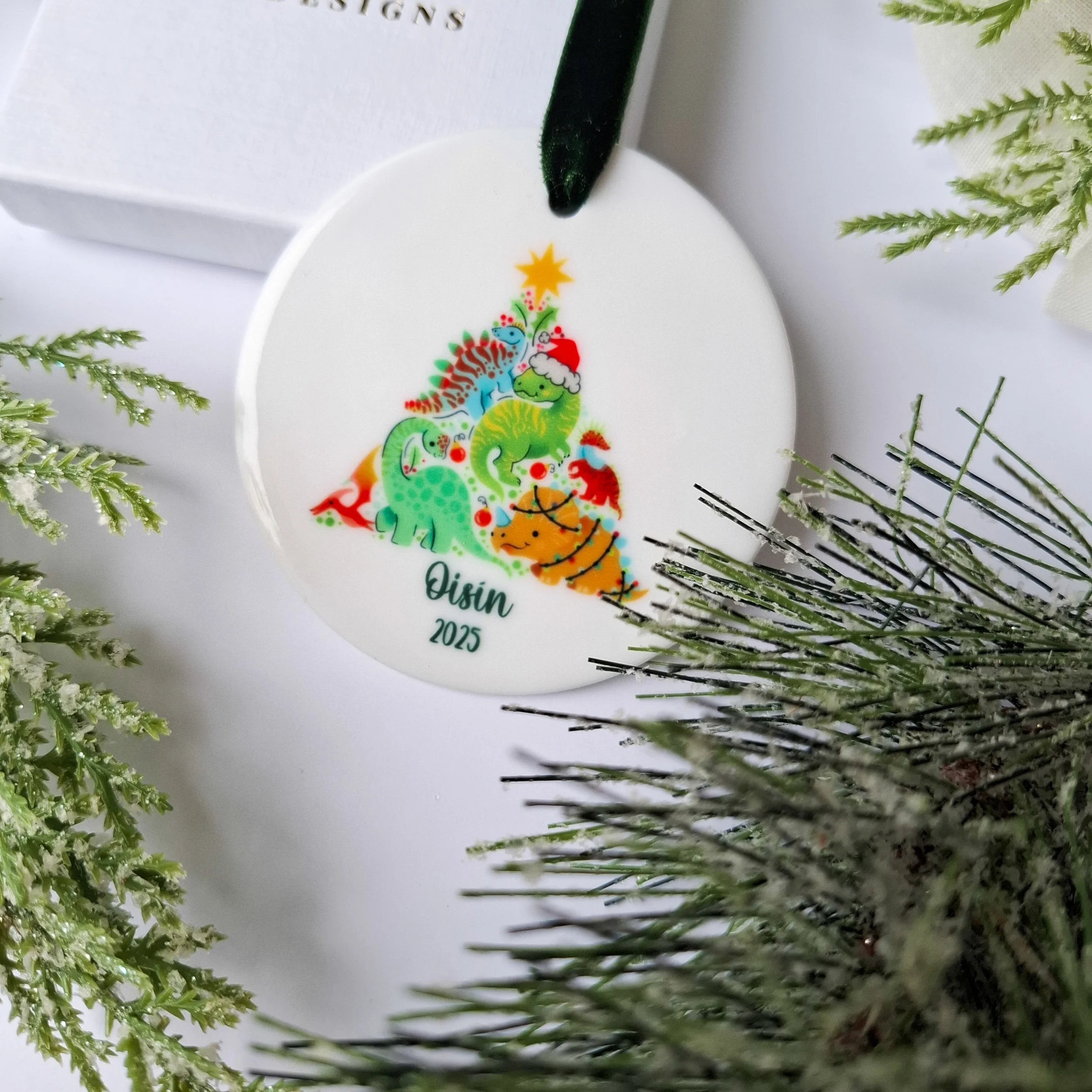 Personalised 2025 Colourful Dinosaur Ceramic Christmas Ornament