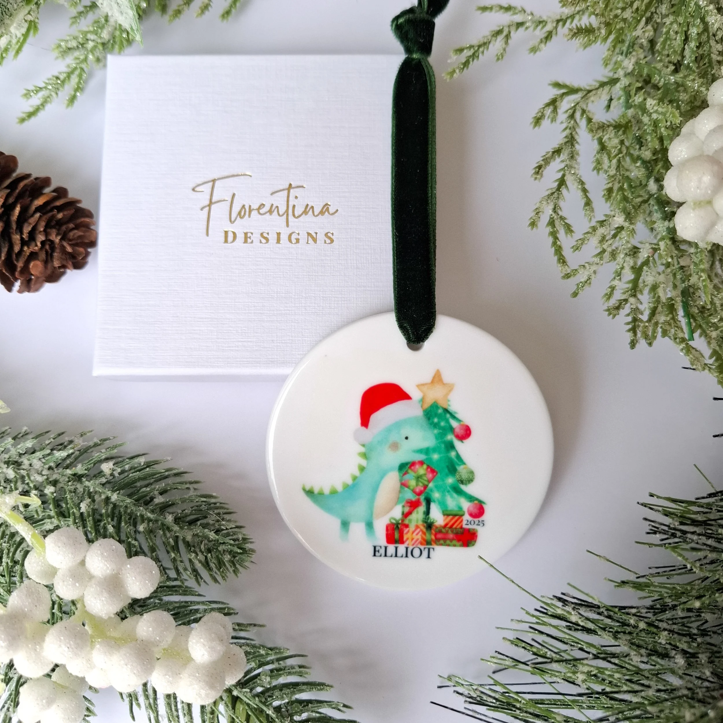 Personalised 2025 Dinosaur Ceramic Christmas Ornament