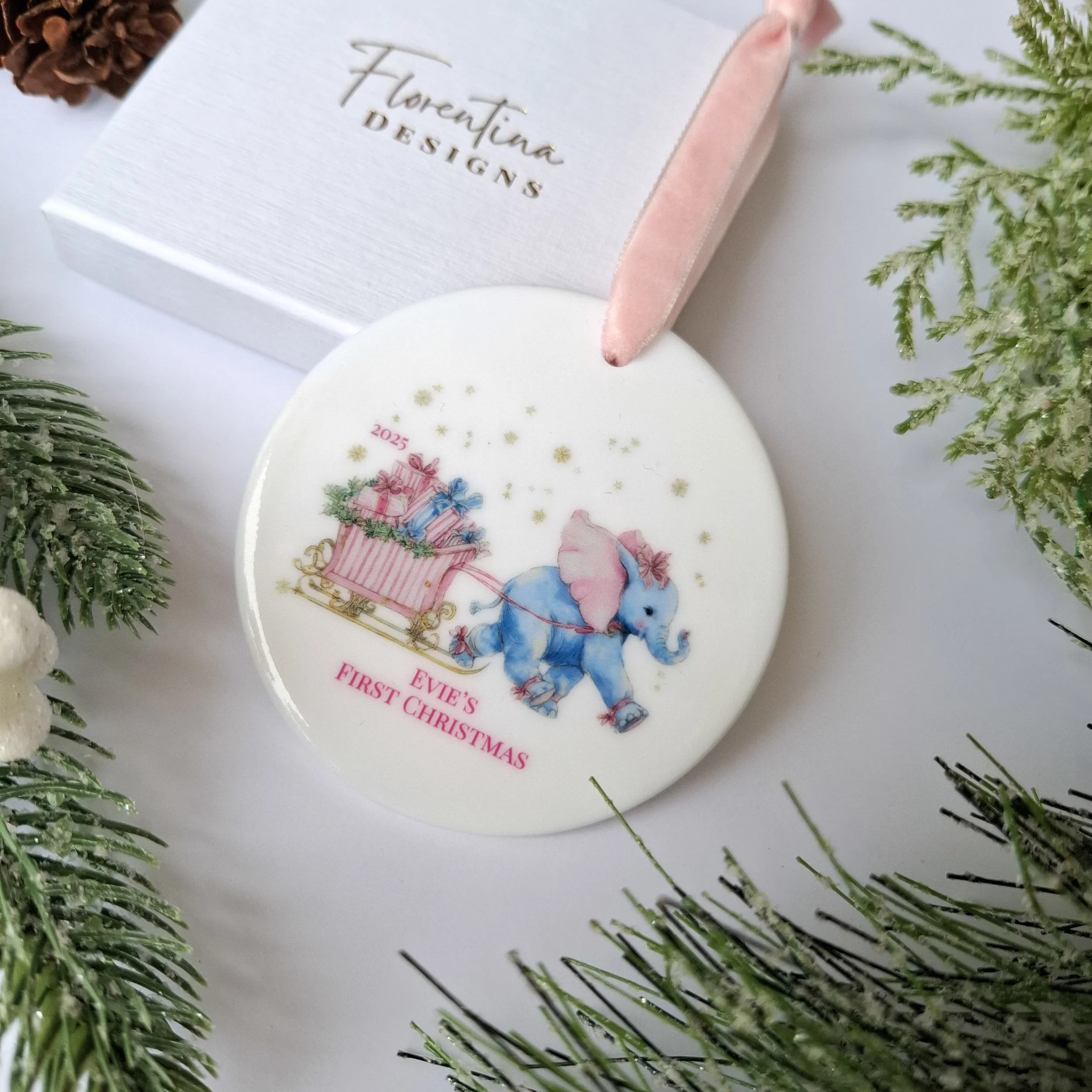 Personalised 2025 Elephant First Christmas Ceramic Christmas Ornament