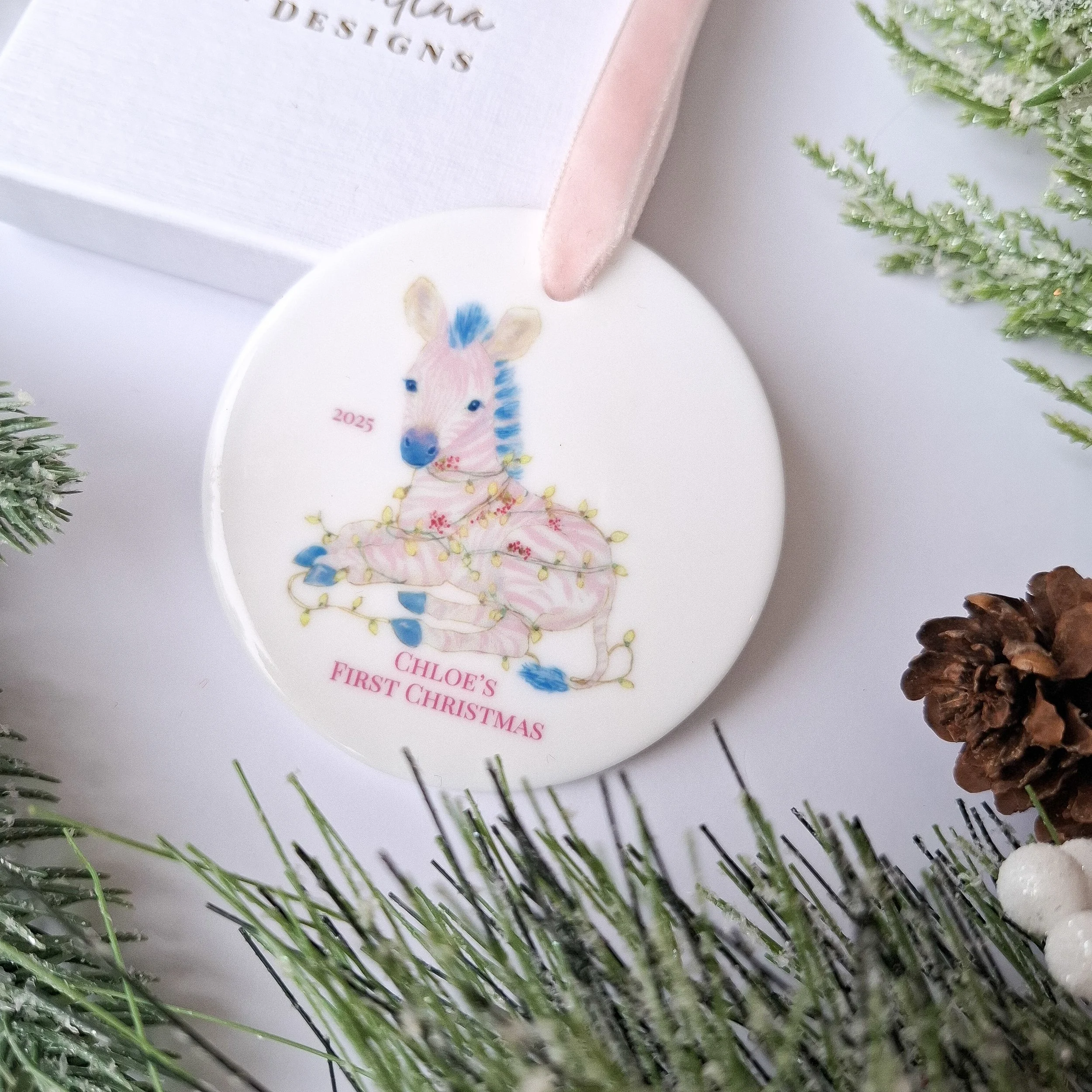 Personalised 2025 Zebra First Christmas Ceramic Christmas Ornament