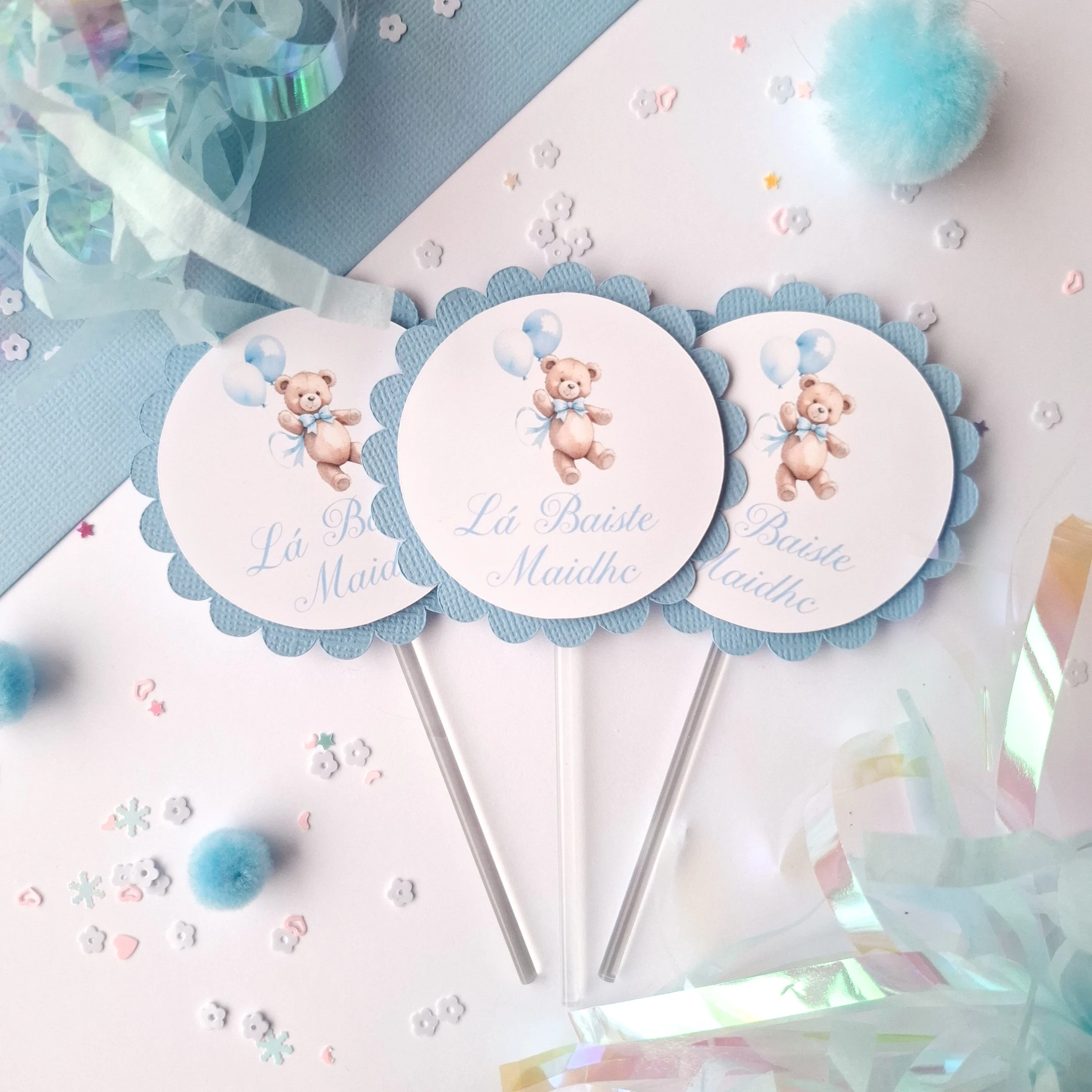 Personalised Christening Bear Cupcake Toppers - Pack of 6 – Lá Baiste (As Gaeilge)