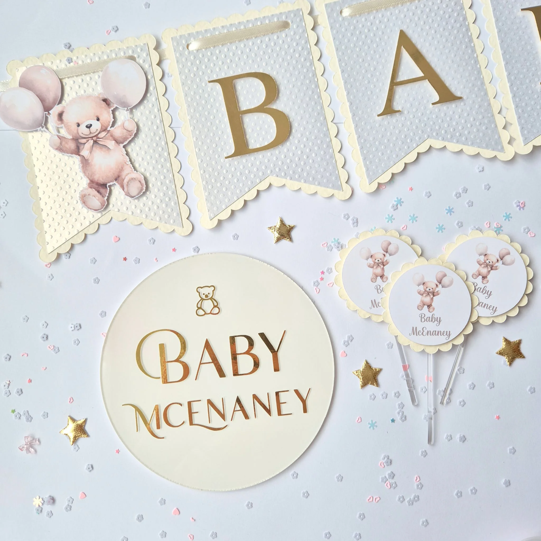 Personalised Ivory Neutral Teddy Bear Baby Shower Banner