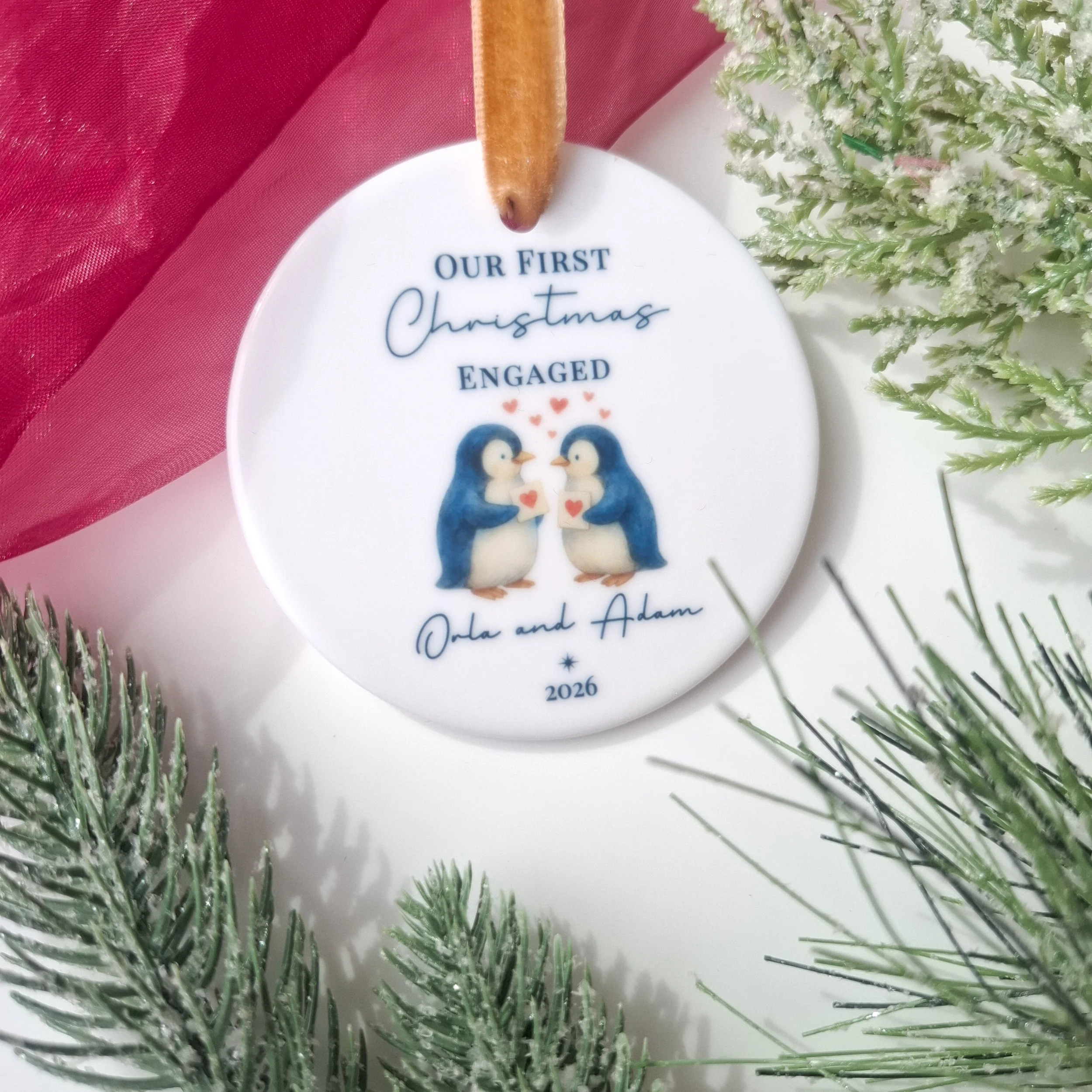 Personalised 2026 Penguin “Our First Christmas Engaged” Ceramic Christmas Decoration