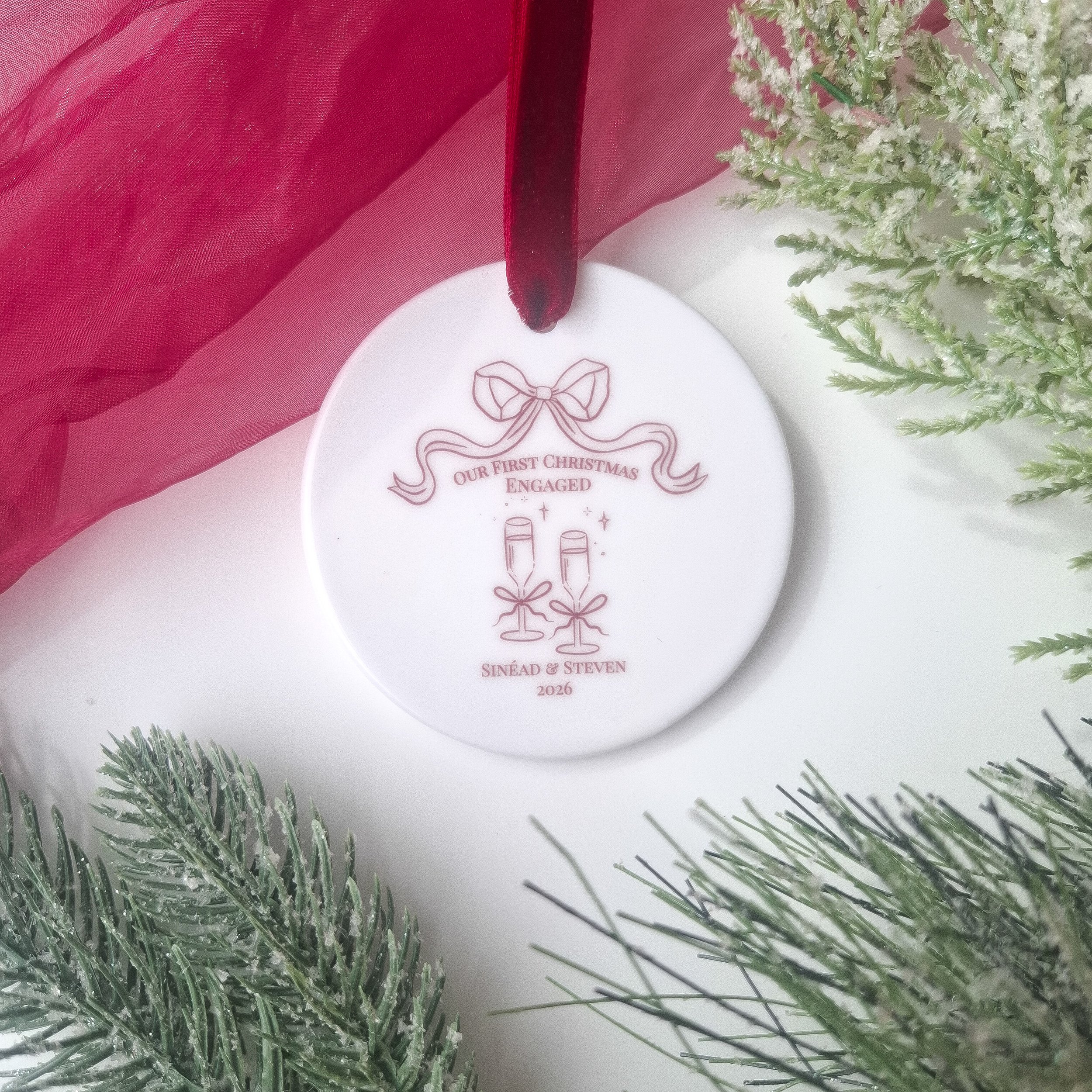 Personalised First Christmas Engaged 2026 | Burgundy Line Drawing
