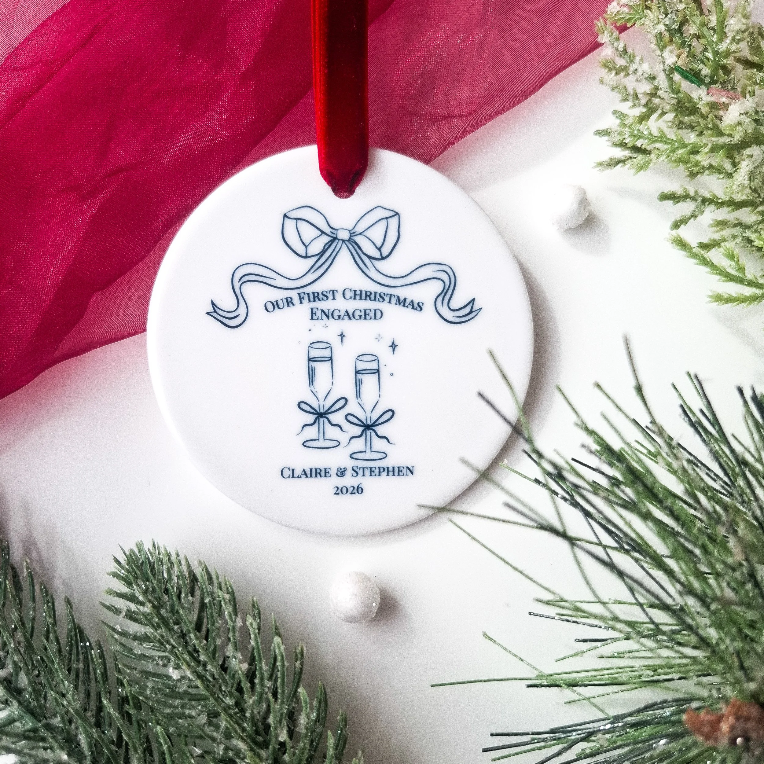 Personalised First Christmas Engaged 2026 | Black Line Drawing
