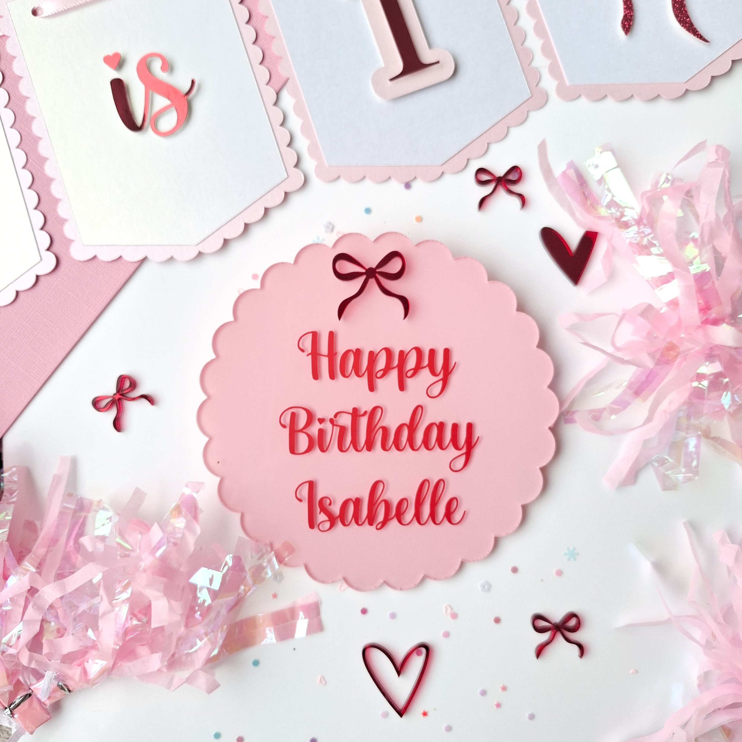 Personalised Pink & Red Scalloped Edge Acrylic Disc with Mini Acrylic Bow 14cm