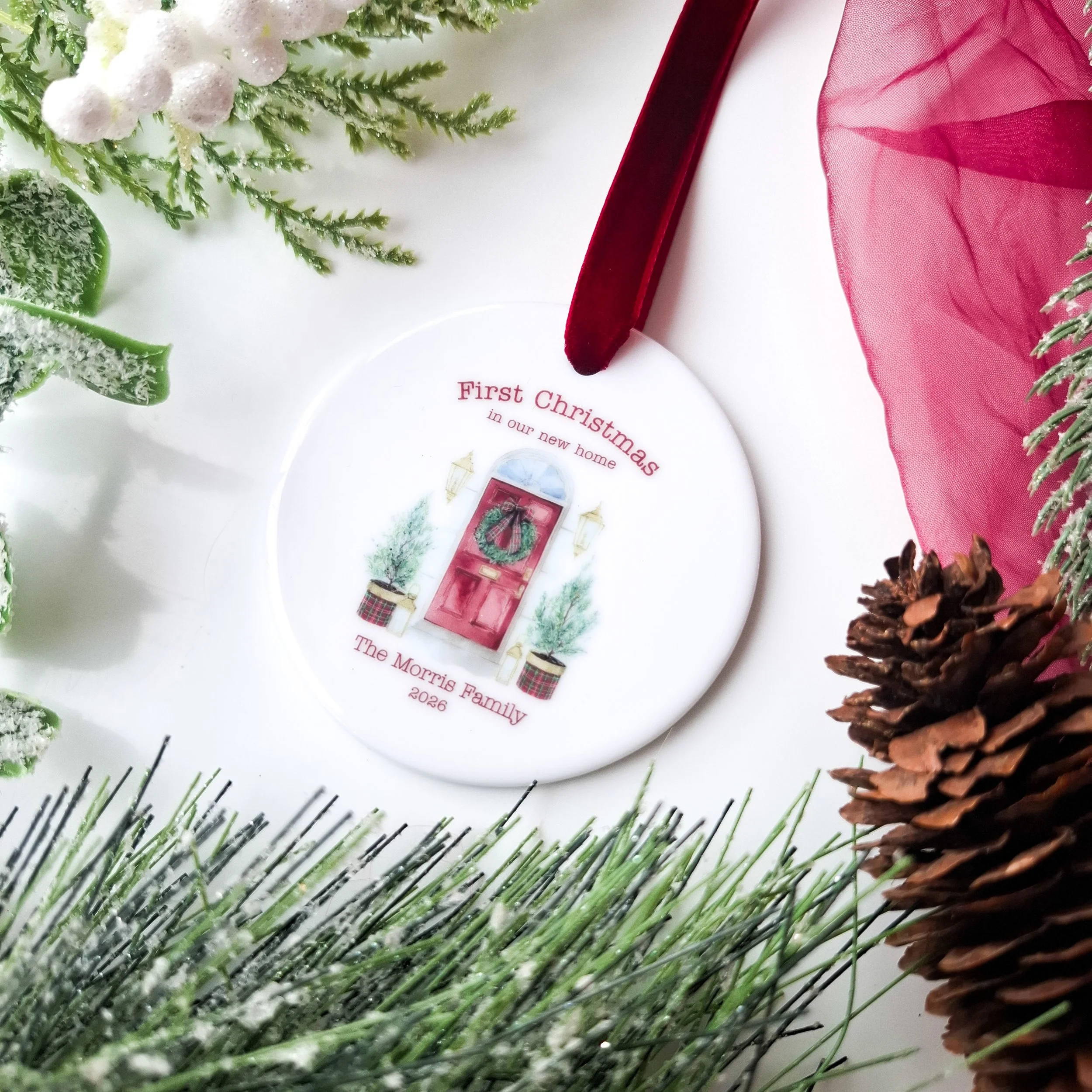 Personalised 2026 Red Door “First Christmas in Our New Home” Ceramic Ornament