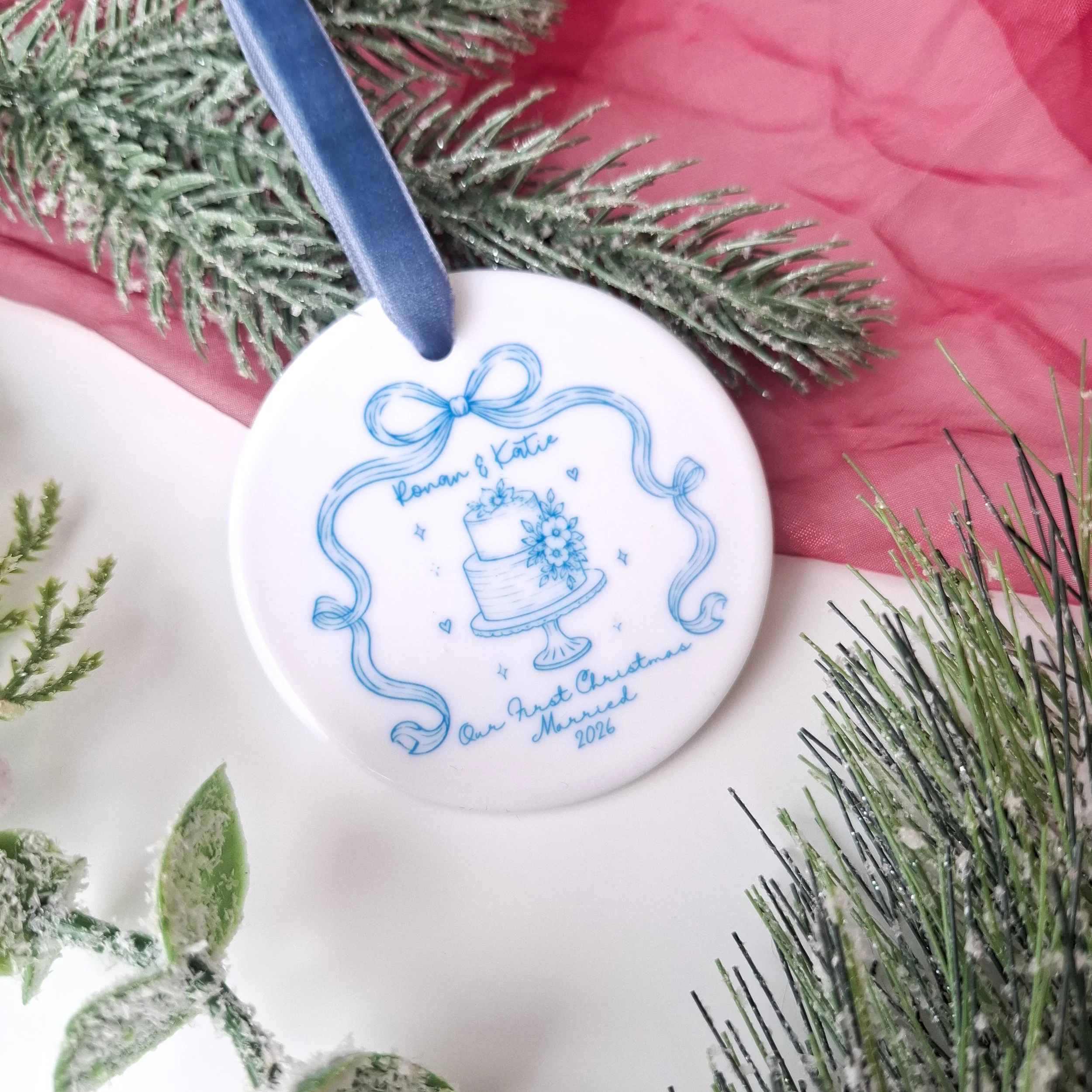 Personalised 2026 First Christmas Married Ceramic Christmas Ornament | Blue Line Art