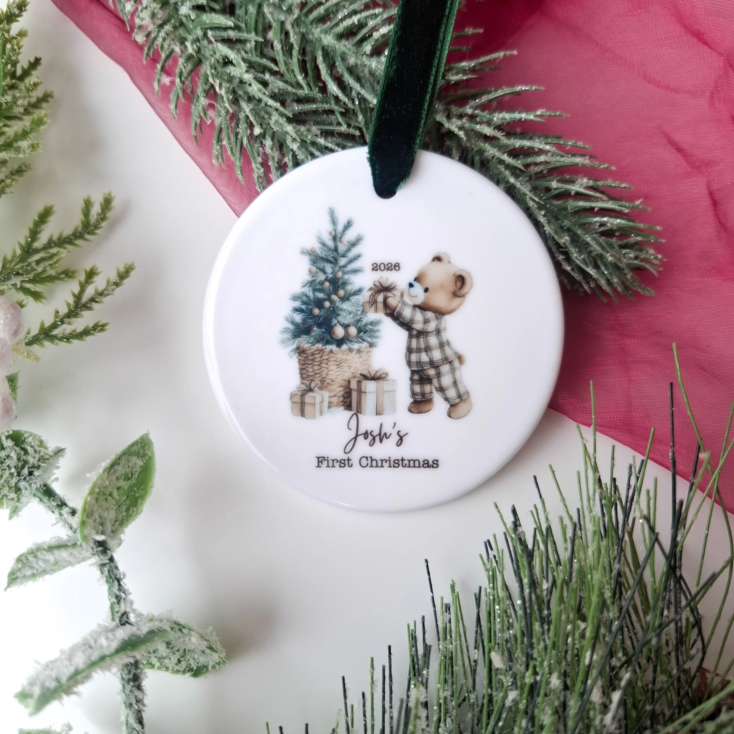 Personalised 2026 First Christmas Vintage Tartan PJ's Bear Christmas Ornament