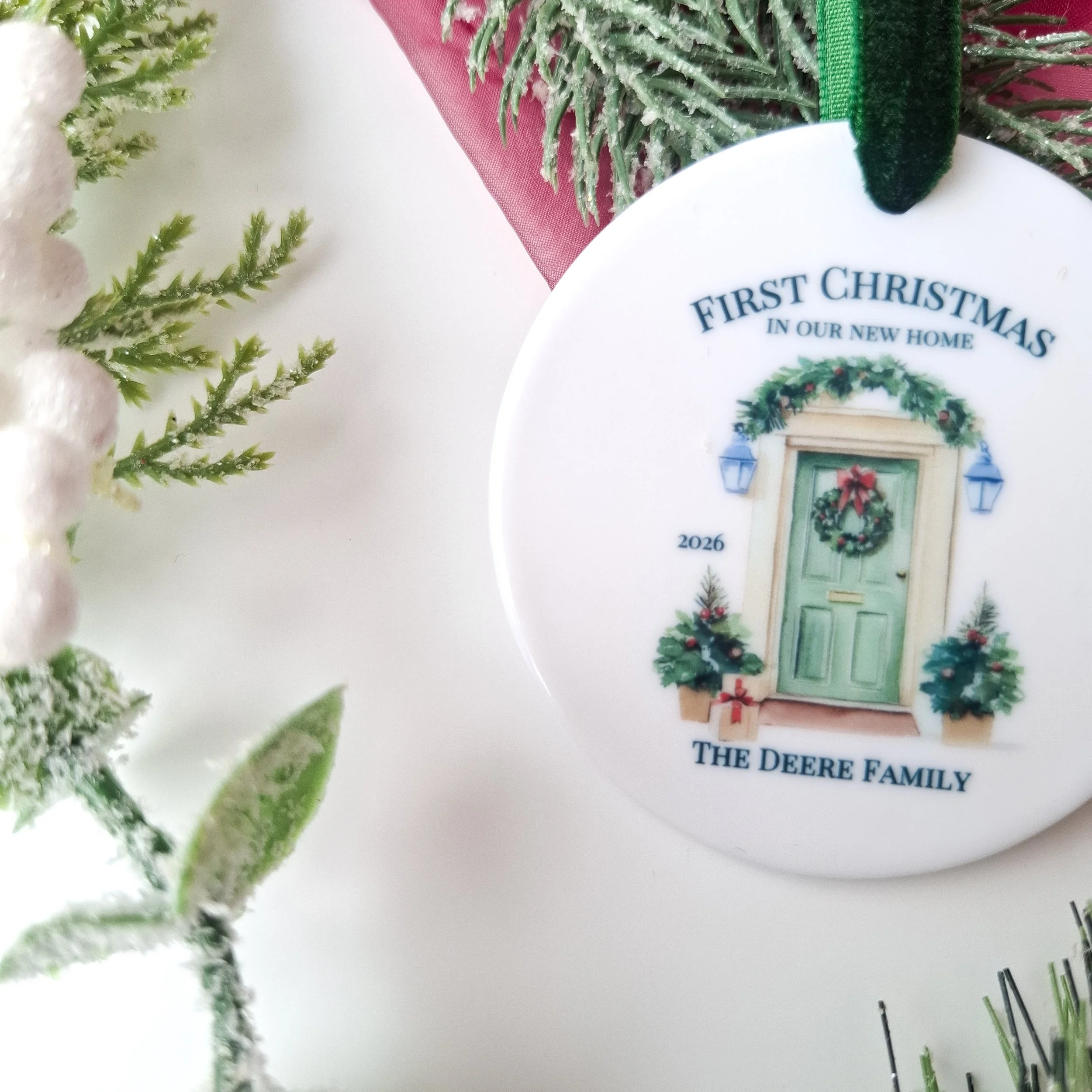 Personalised 2026 Green Door Ceramic Christmas Ornament