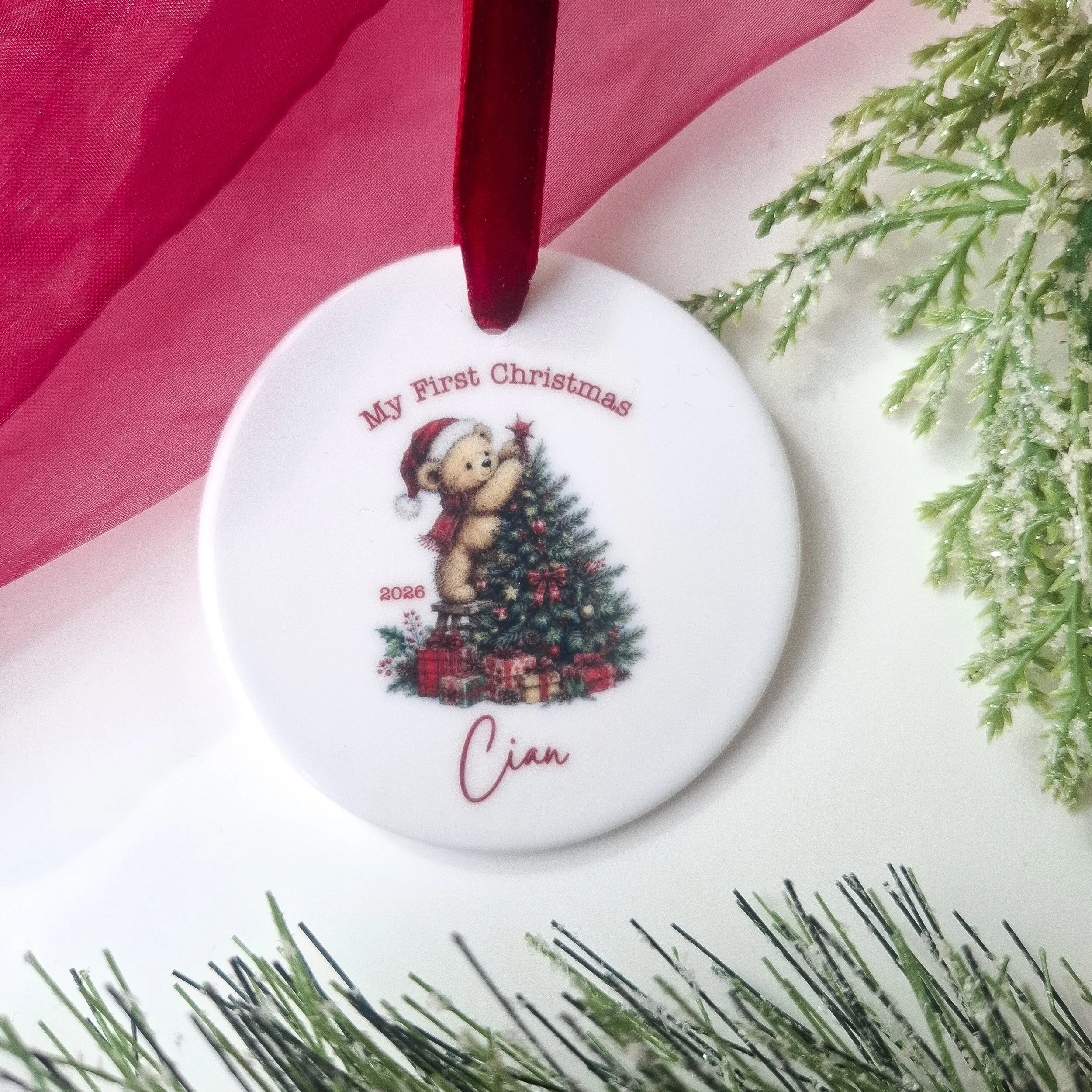 Personalised 2026 My First Christmas Bear & Tree Christmas Ornament - Ceramic Decoration