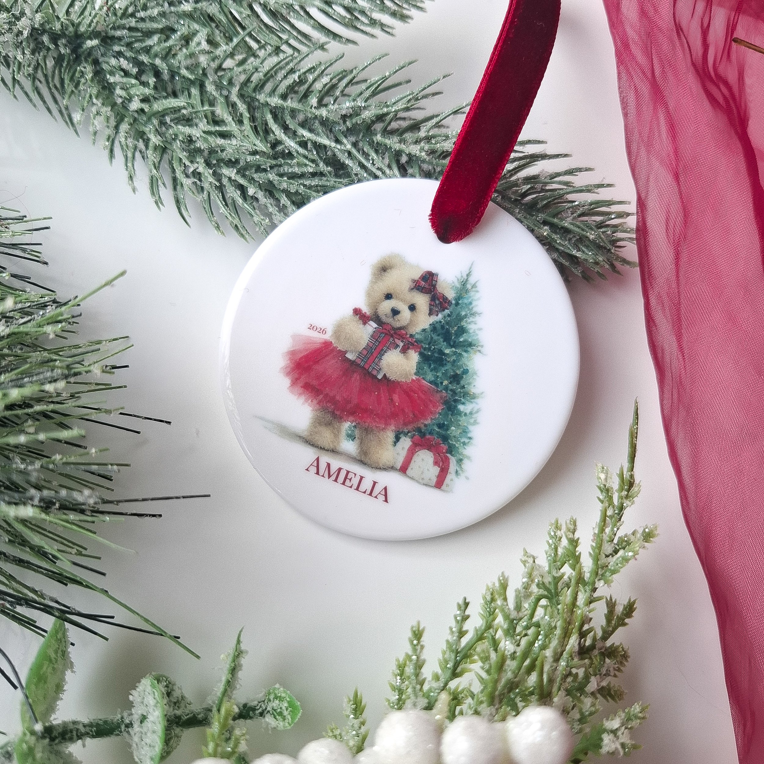 Personalised 2026 Ceramic Christmas Decoration – Teddy Bear with Gift