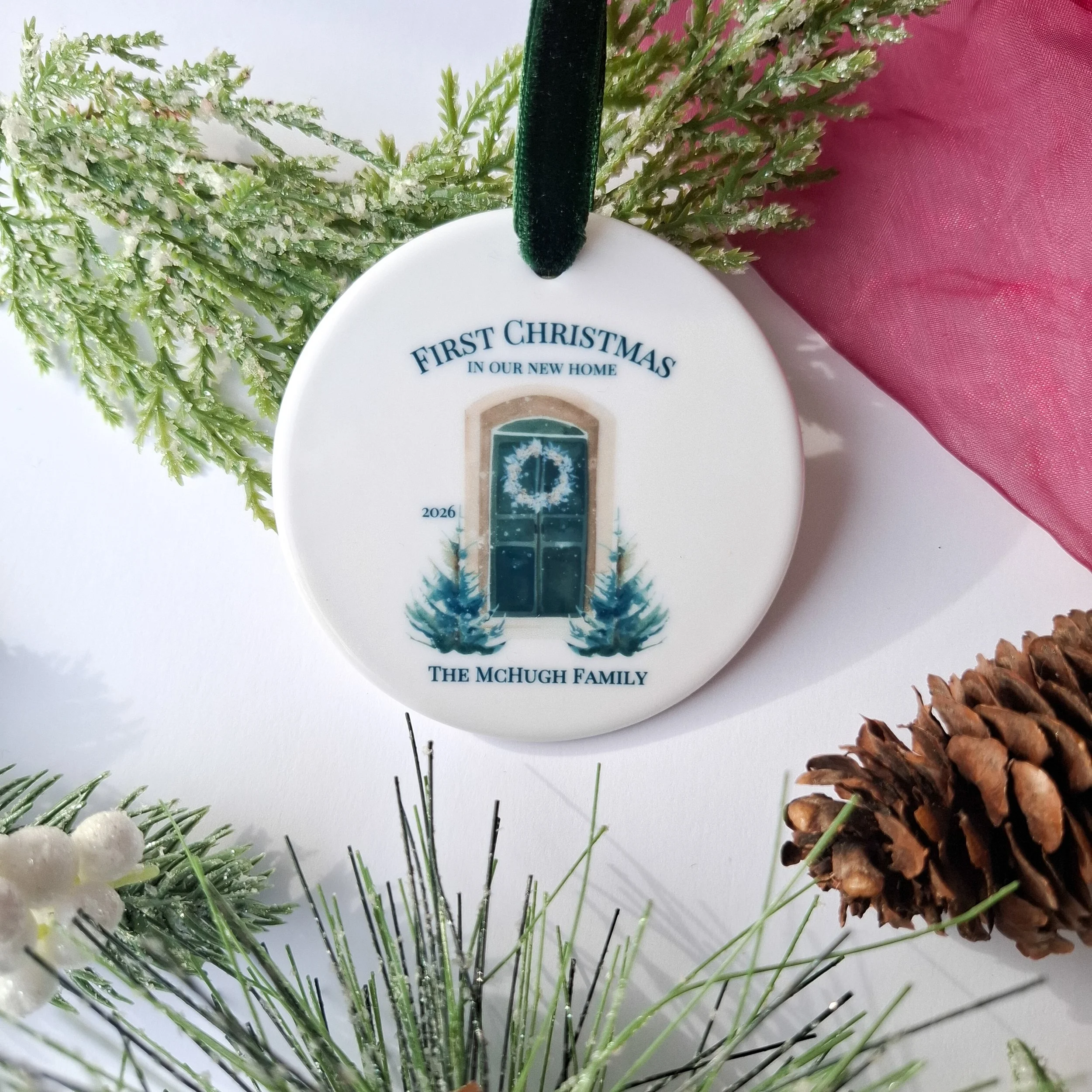 Personalised 2026 Dark Green Door Ceramic Christmas Ornament