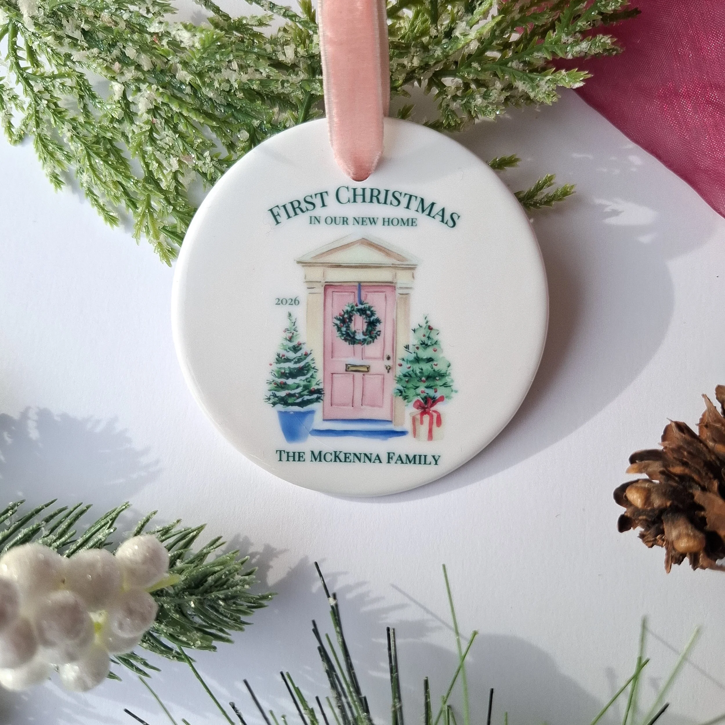 Personalised 2026 Pink Door Ceramic Christmas Ornament