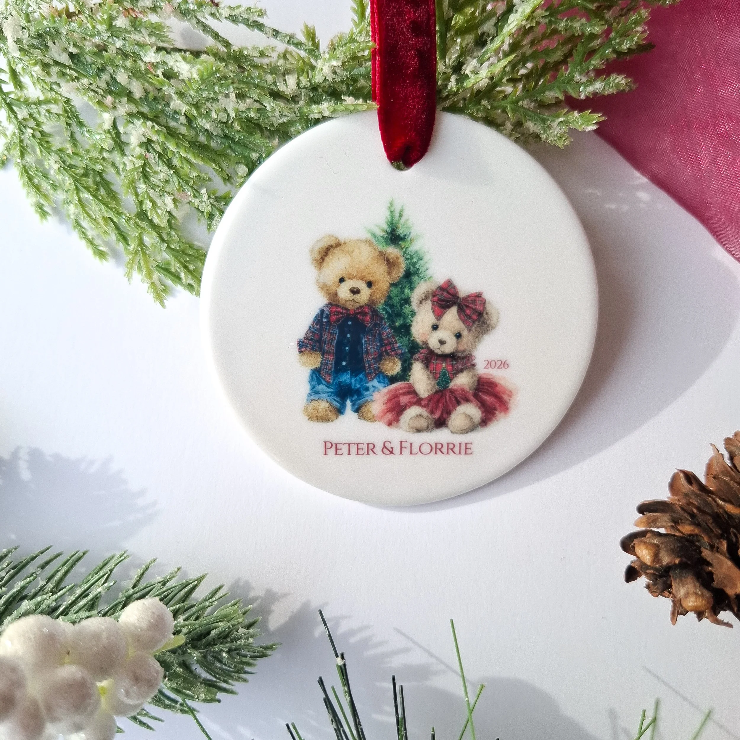 Personalised 2026 Two Teddy Bears Ceramic Christmas Decoration