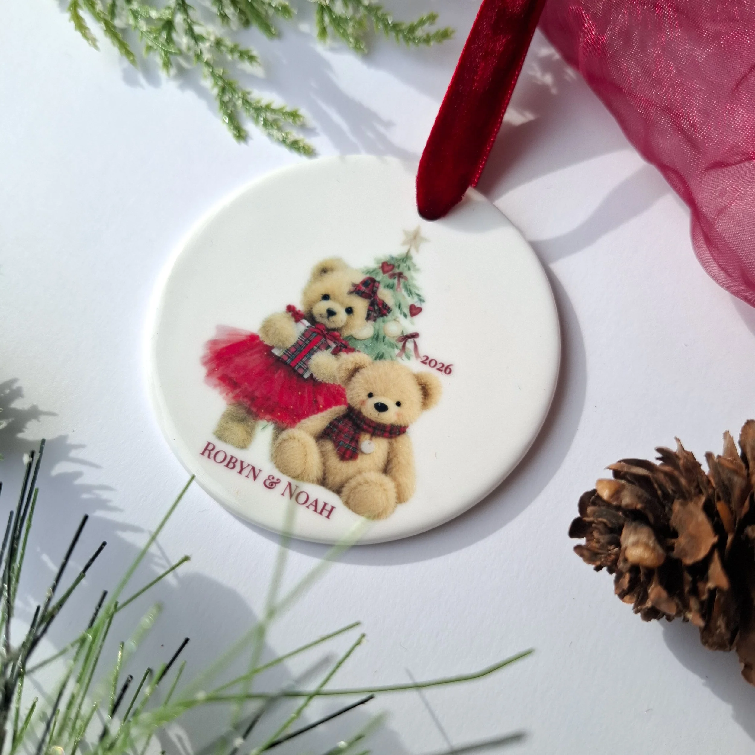 Personalised 2026 Two Teddy Bears Ceramic Christmas Decoration