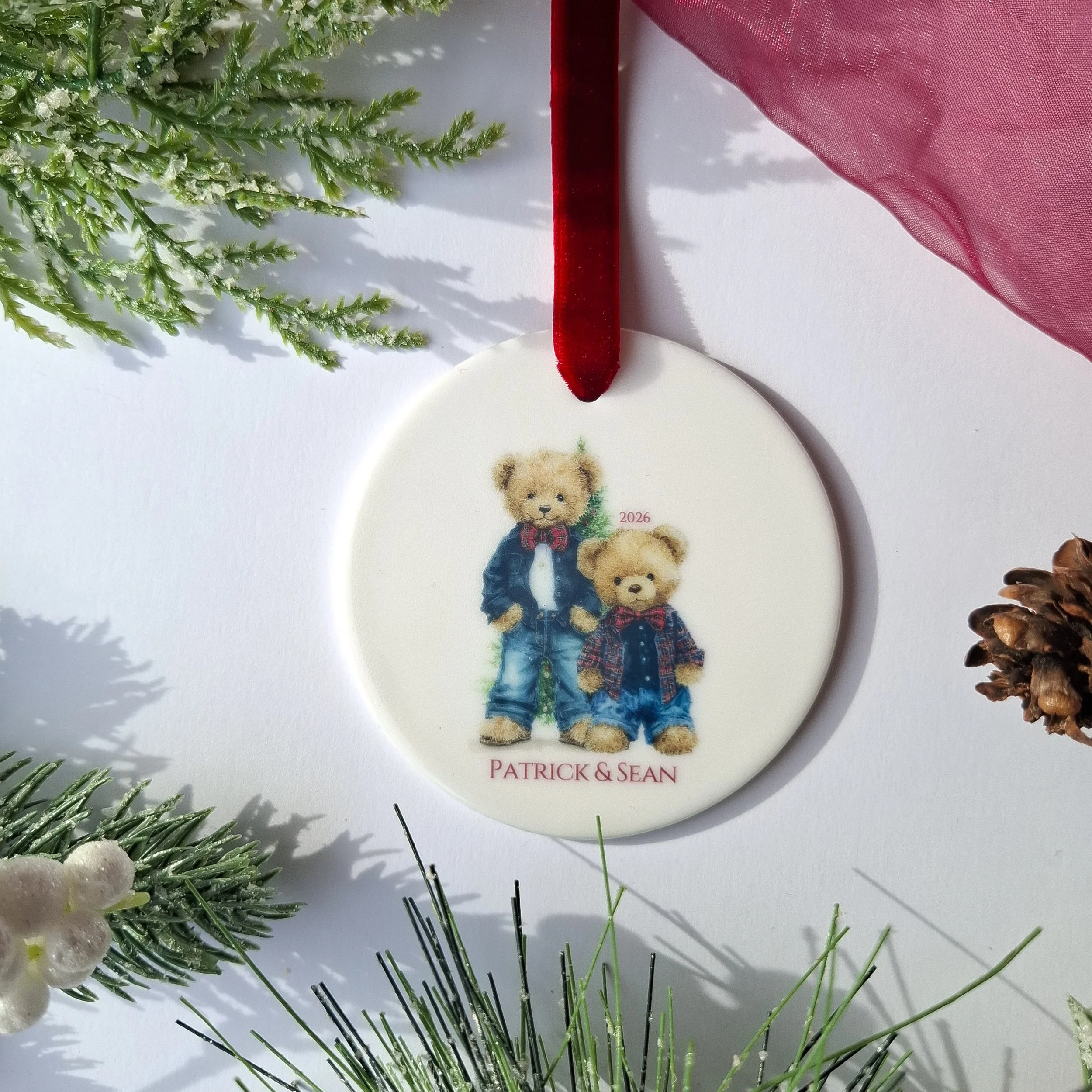 Personalised 2026 Two Boy Teddy Bears Ceramic Christmas Decoration