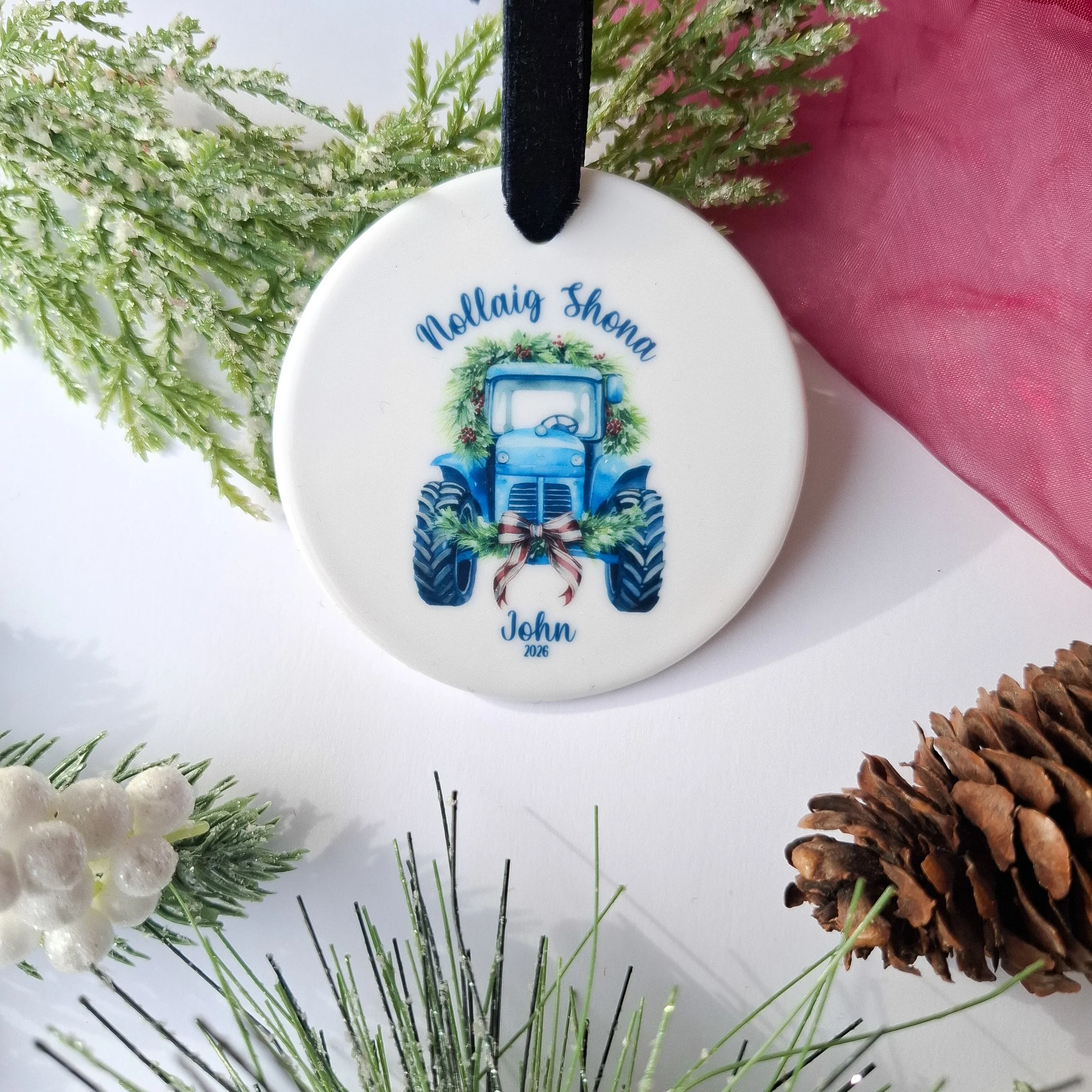 Personalised 2026 Nollaig Shona Blue Vintage Tractor Ceramic Christmas Ornament