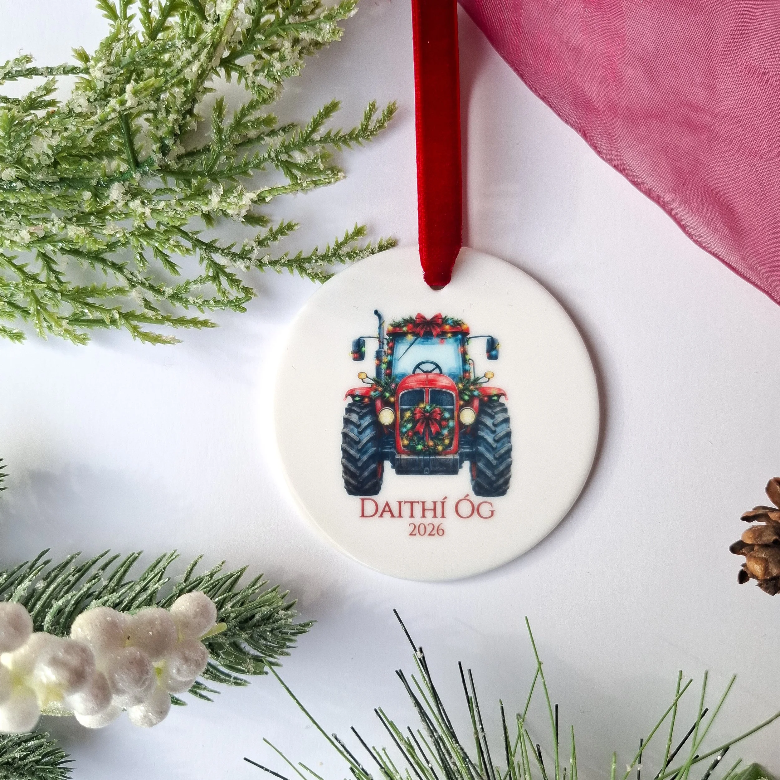 Personalised 2026 RED Vintage Tractor Ceramic Christmas Ornament