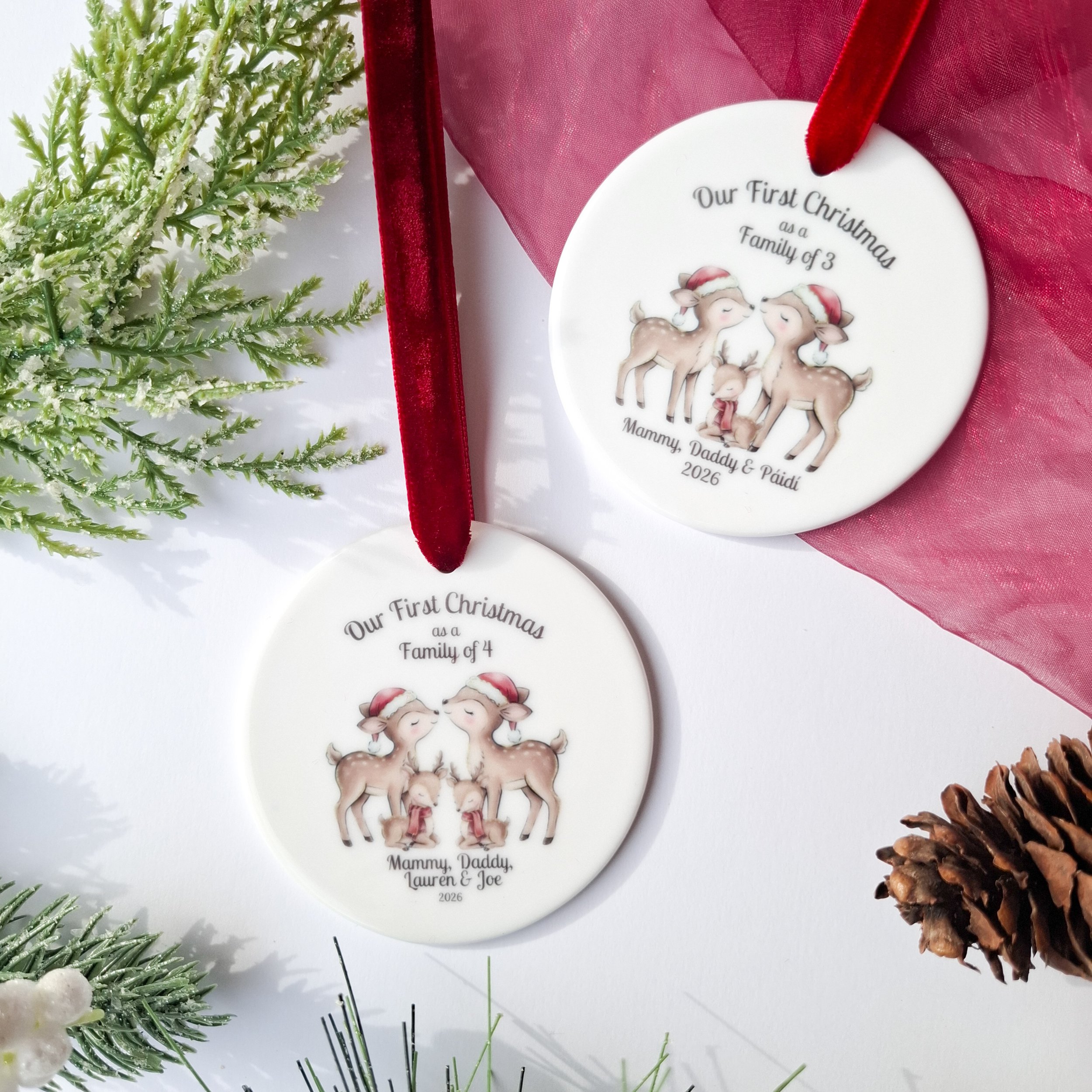 Personalised 2026 'First Christmas as a family of 3, 4, or 5' Ceramic Christmas Ornament.