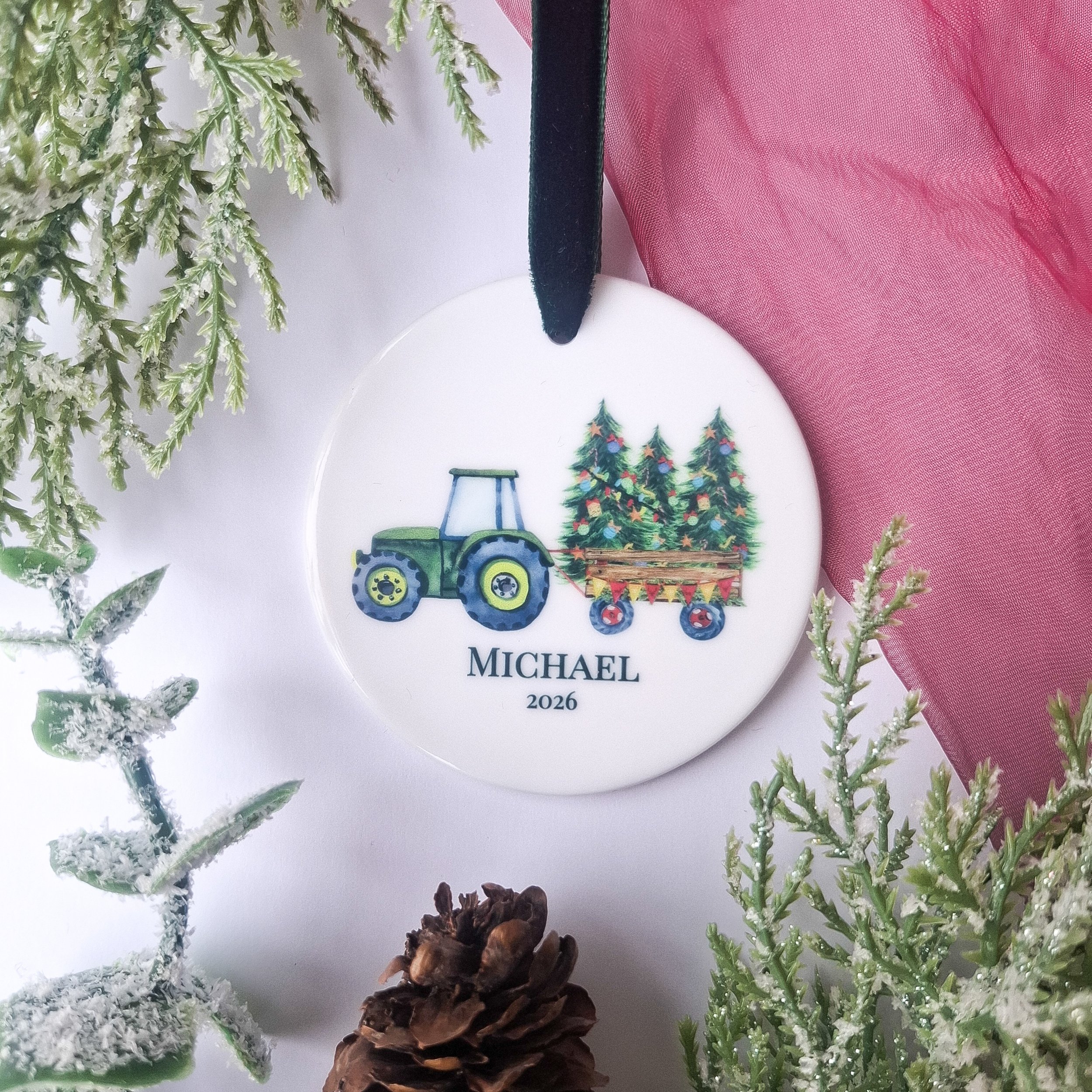 Personalised 2026 Green Tractor Ceramic Christmas Ornament
