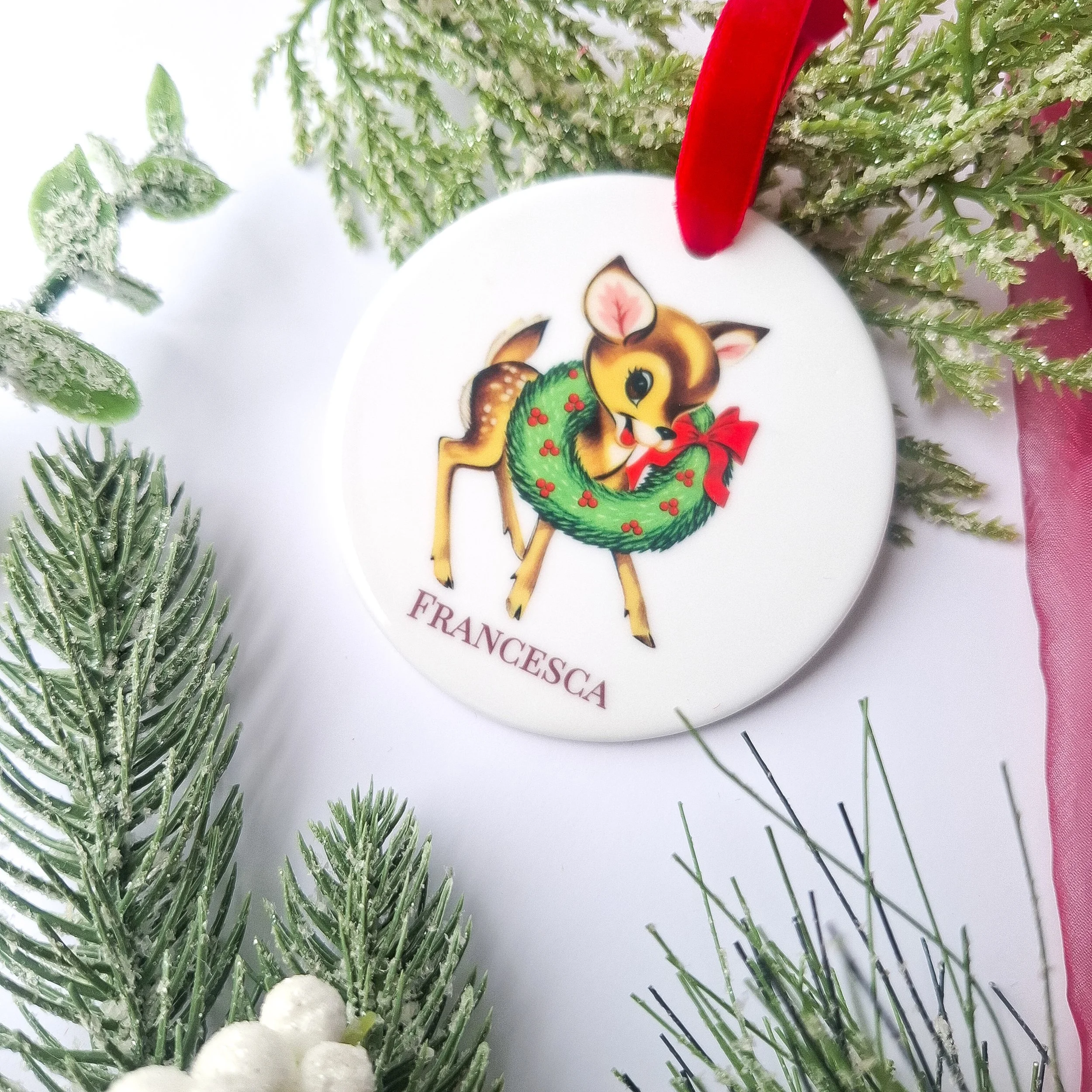 Personalised 2026 Retro Reindeer & Wreath Christmas Ceramic Decoration