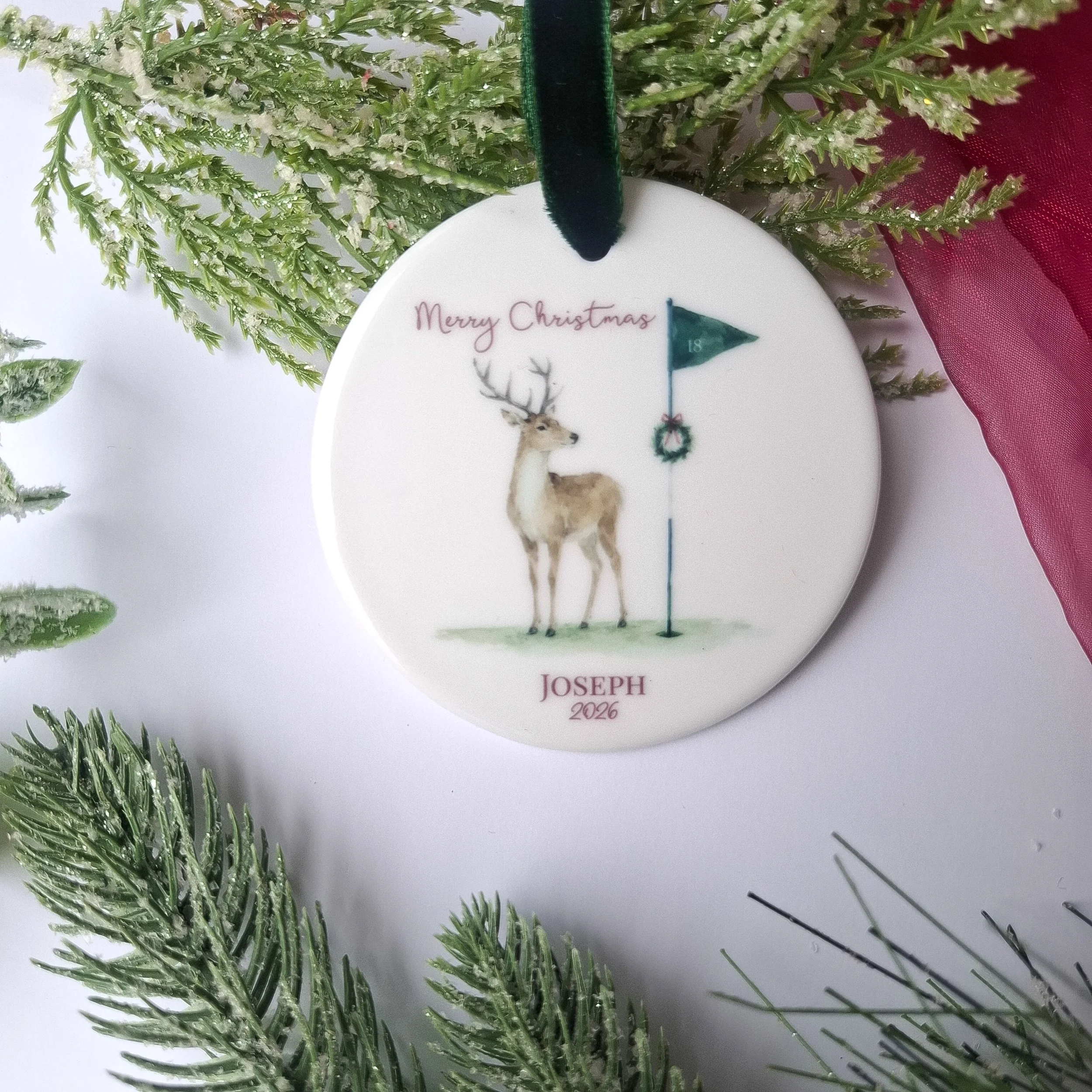Personalised 2026 Personalised Golf Christmas Decoration | Reindeer Ceramic Ornament