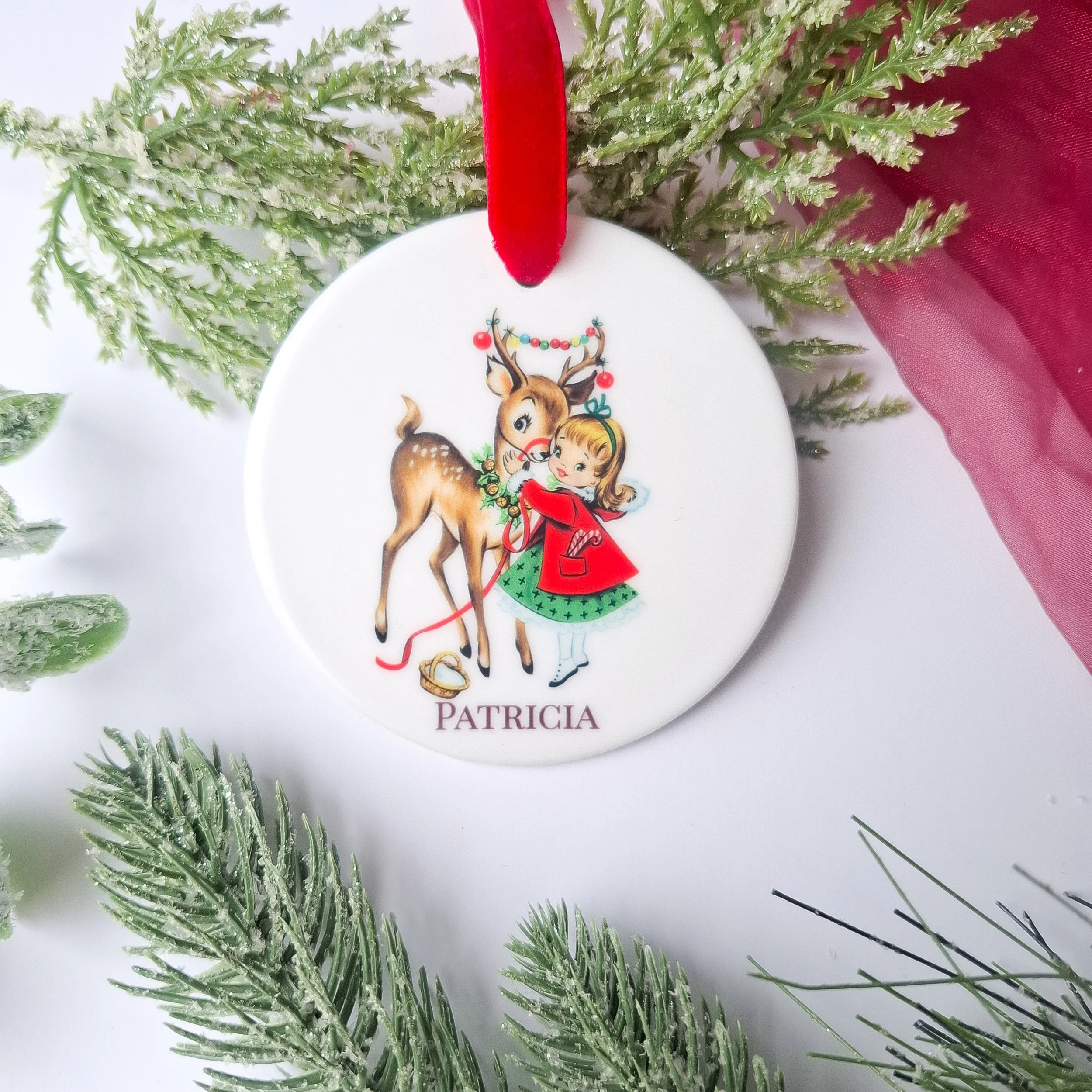 Personalised 2026 Retro Reindeer & Girl Christmas Ceramic Decoration