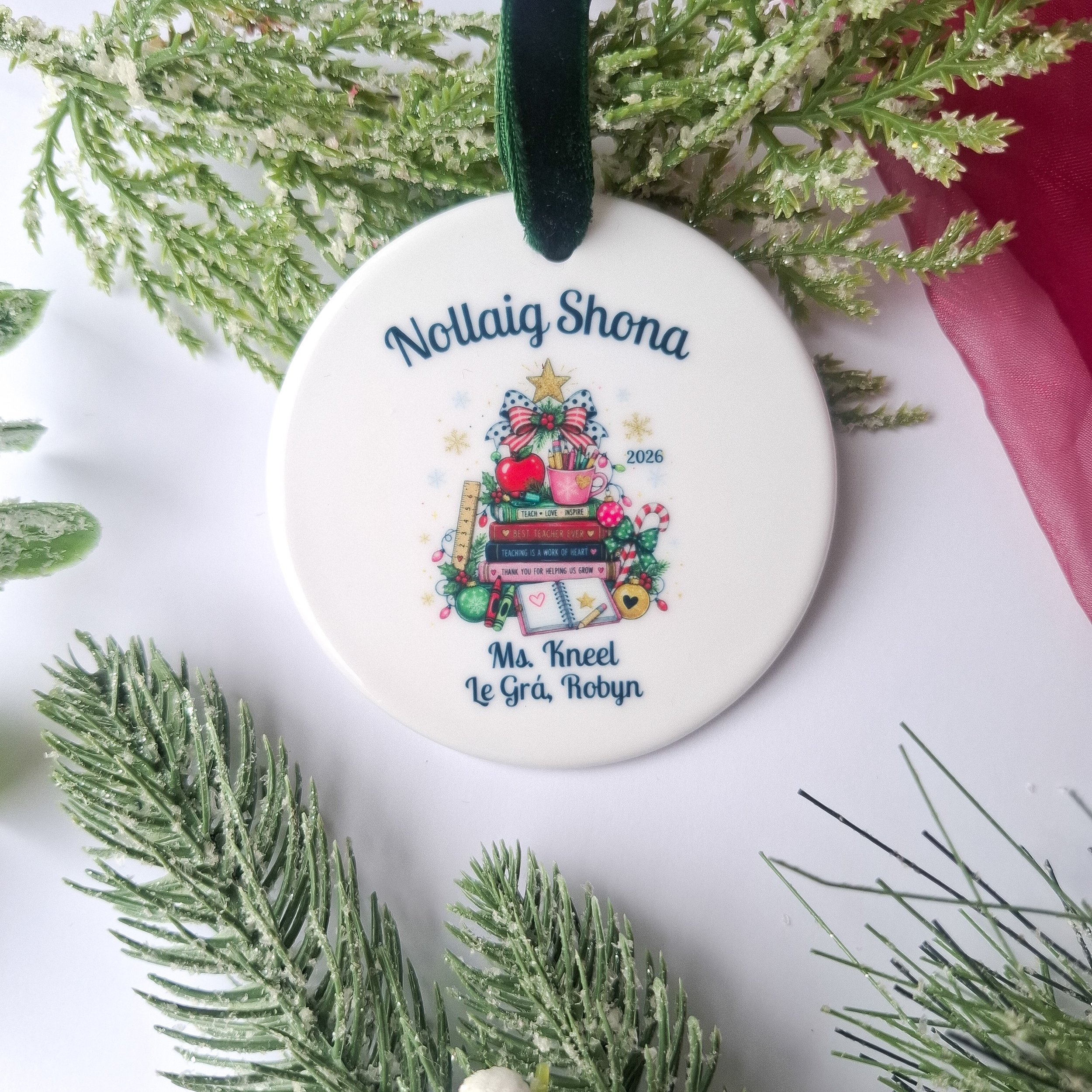 Personalised 2026 Books Teacher Christmas Gift | Ceramic Decoration | Nollaig Shona
