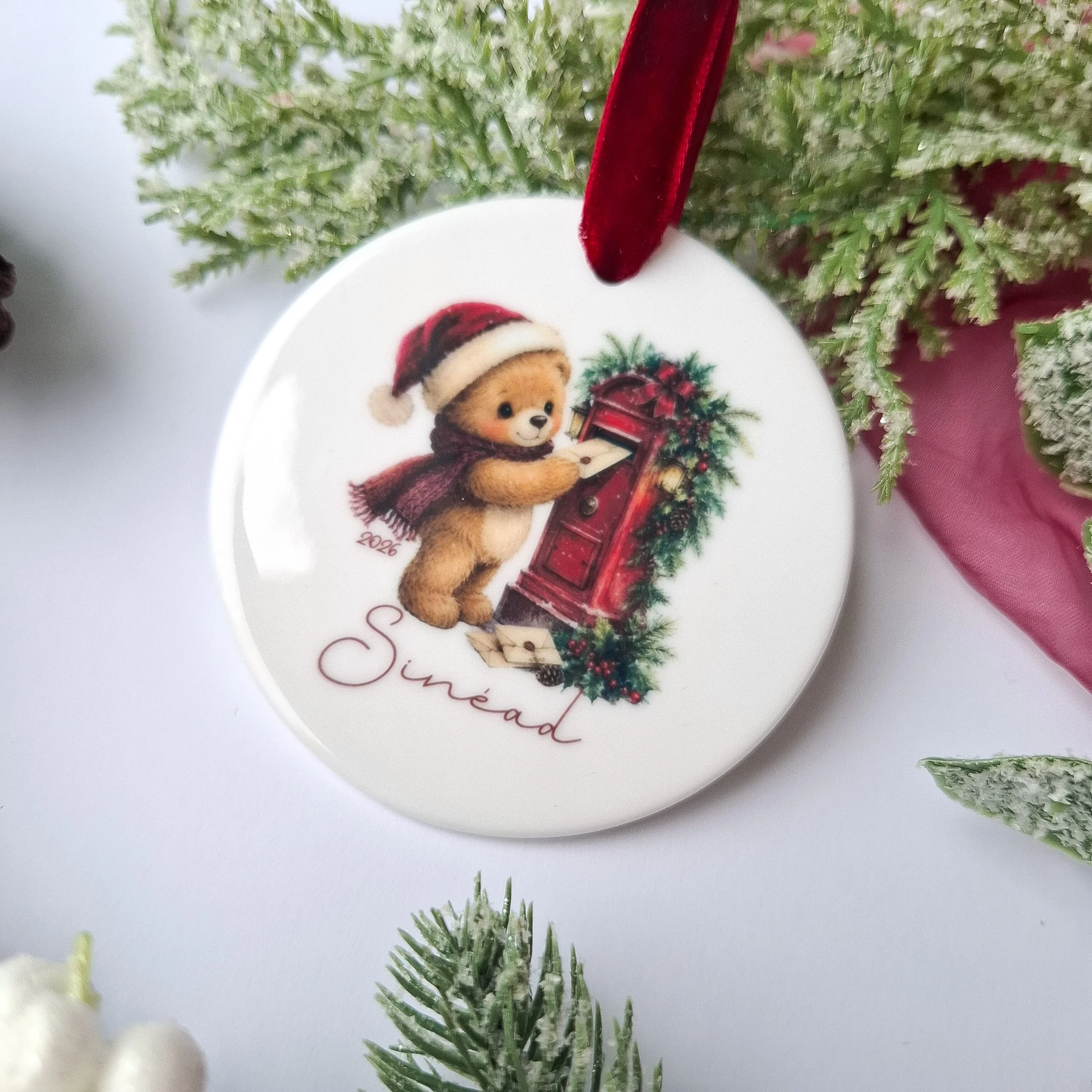 Personalised 2026  Teddy Bear Postbox Ceramic Christmas Decoration
