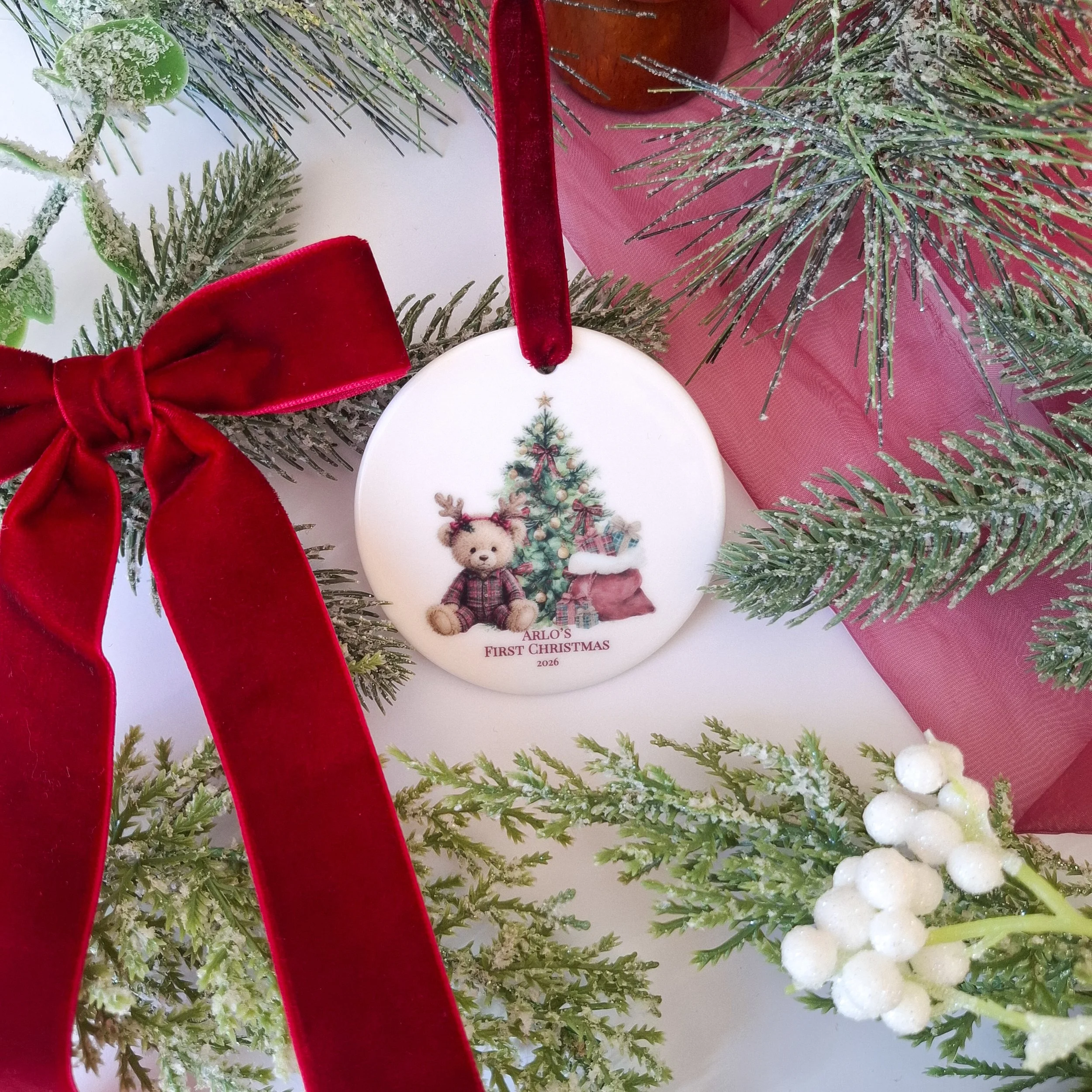 Personalised 2026 First Christmas Bear Christmas Ornament - Ceramic Decoration