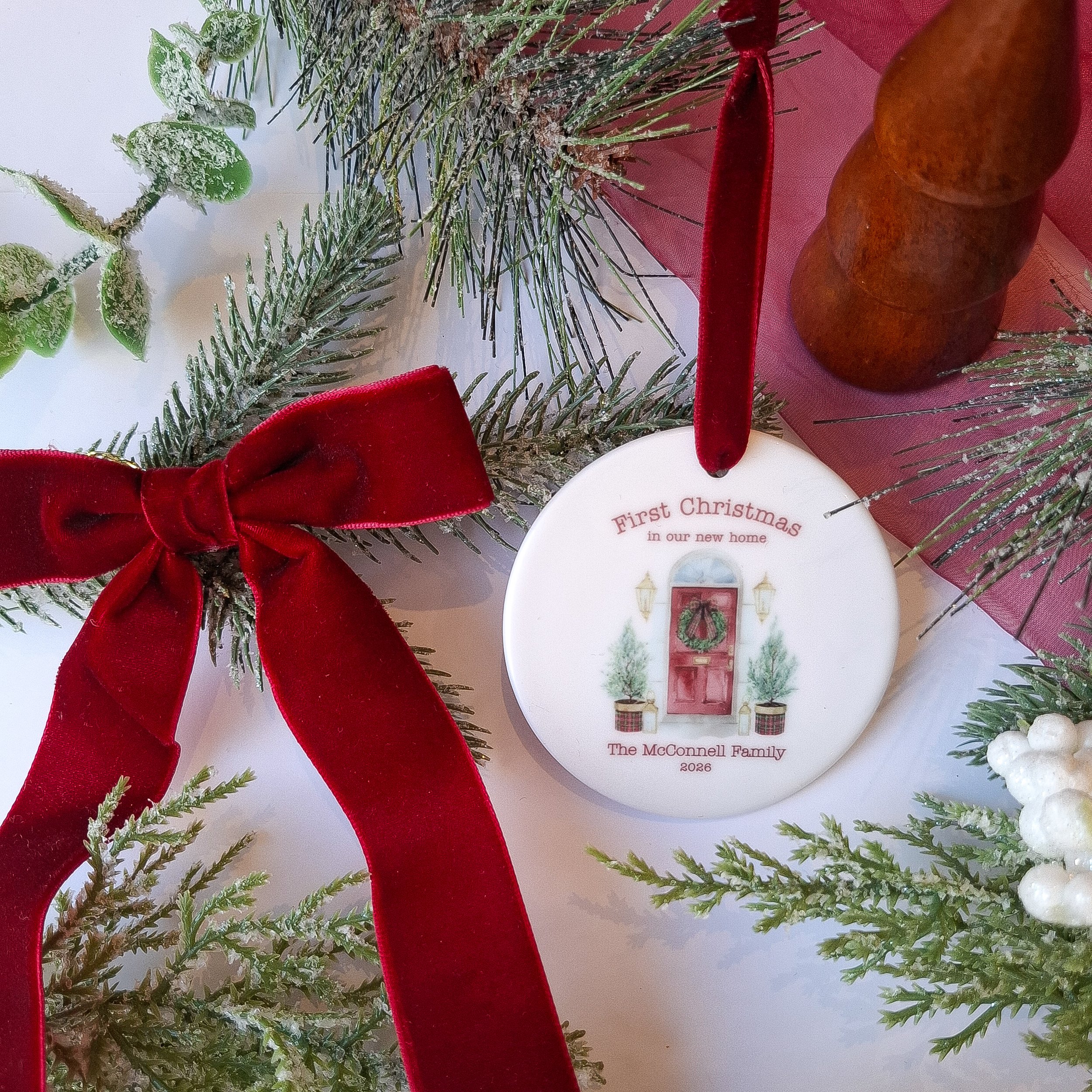 Personalised 2026 Red Door “First Christmas in Our New Home” Ceramic Ornament