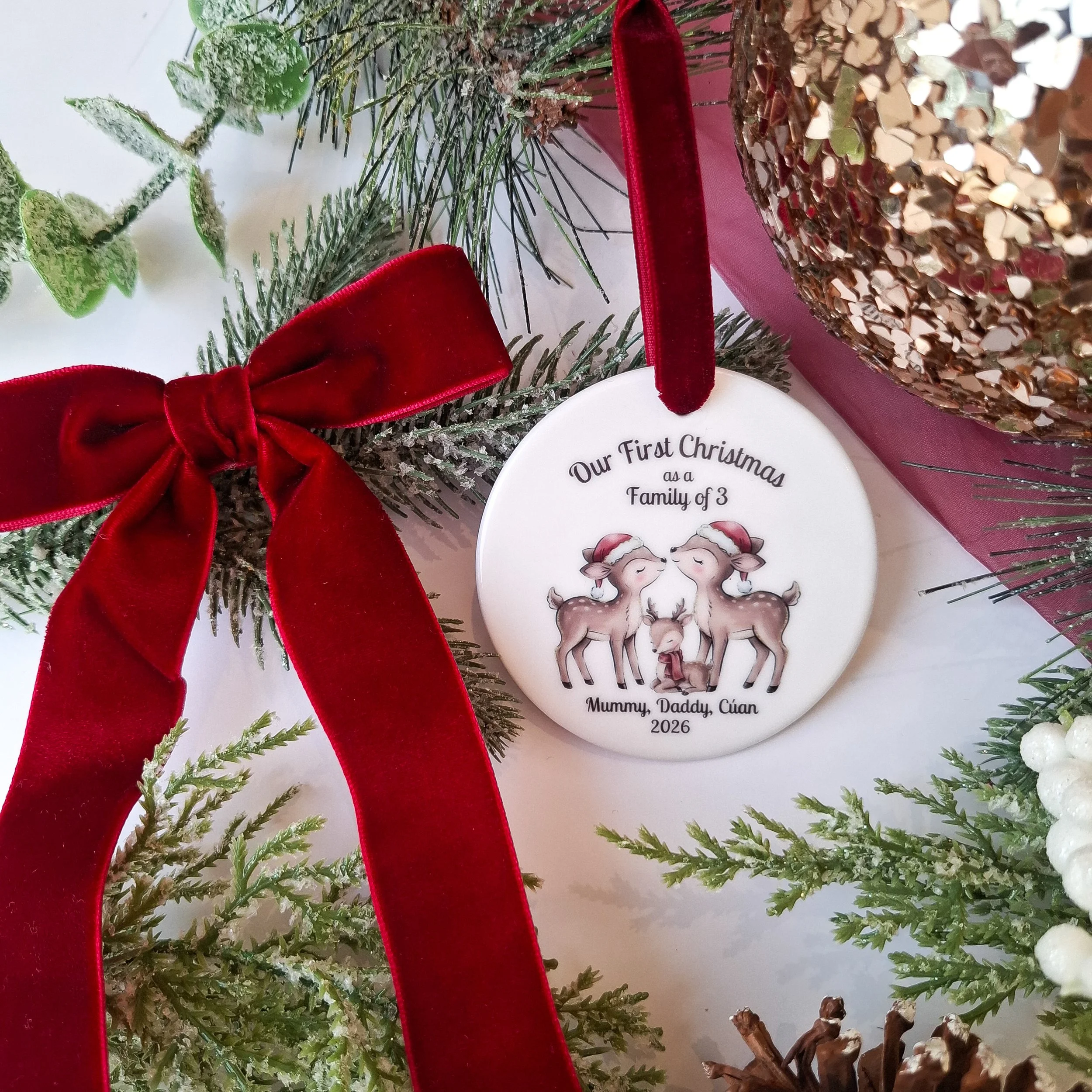 Personalised 2026 'First Christmas as a family of 3, 4, or 5' Ceramic Christmas Ornament.