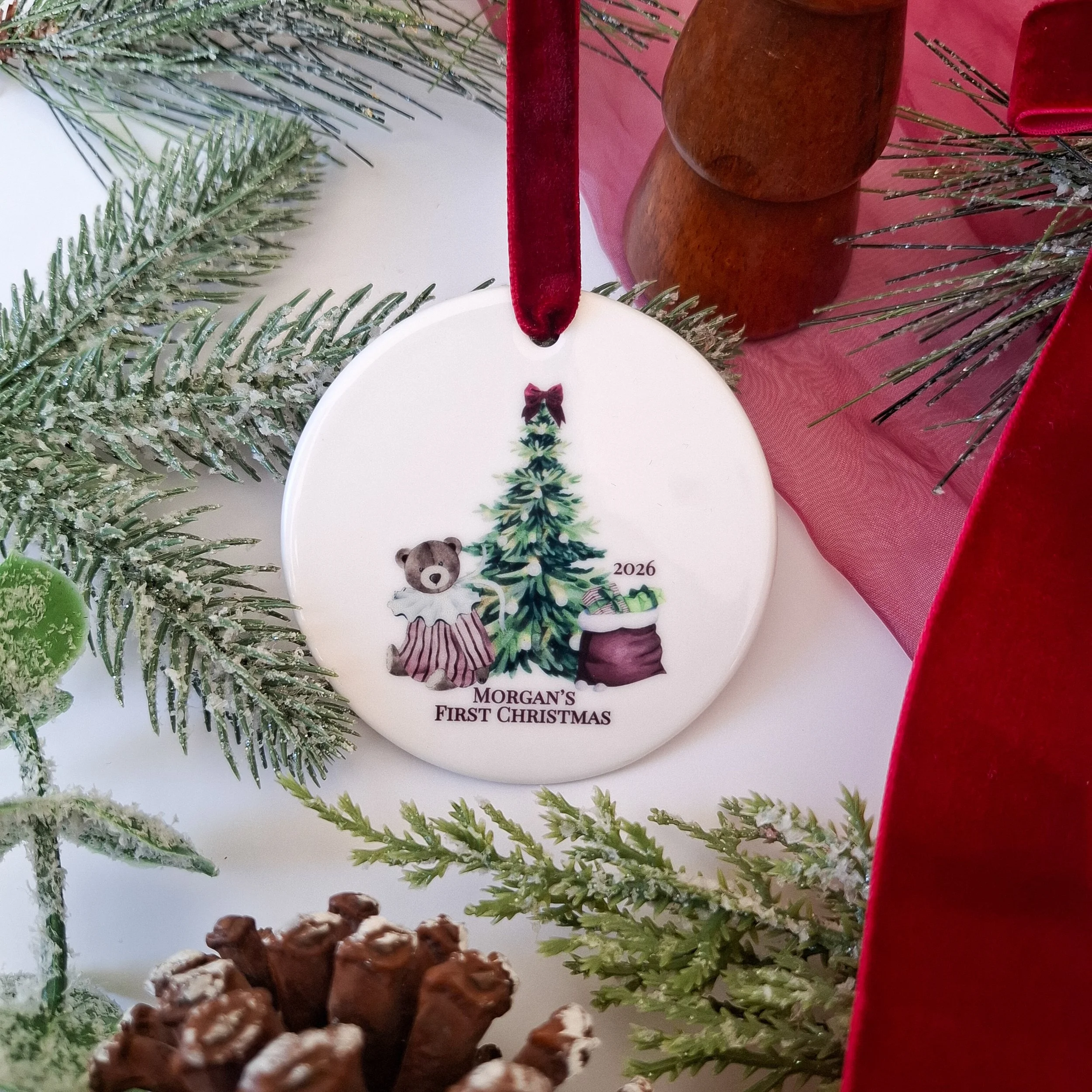 Personalised 2026 First Christmas Vintage Bear Christmas Ornament - Ceramic Decoration