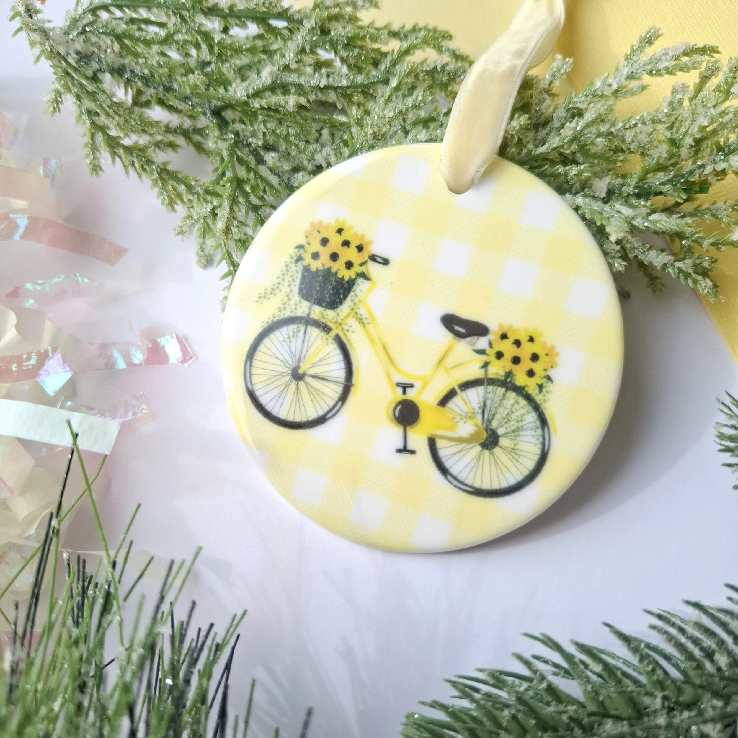 Sunflower Bicycle Ceramic Christmas Ornament – North Louth Hospice Fundraiser