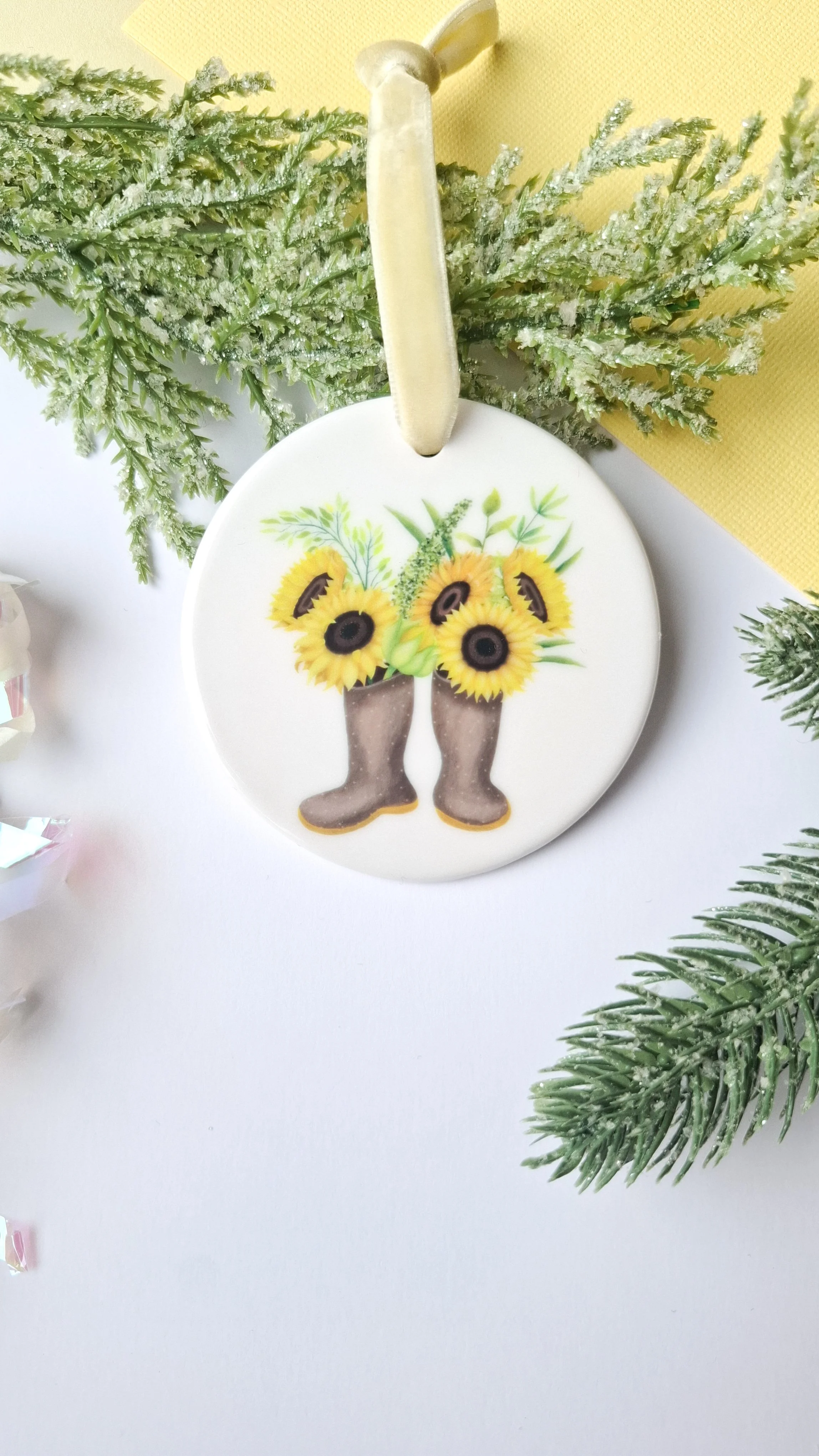 Sunflower Wellies Ceramic Christmas Ornament– North Louth Hospice Fundraiser