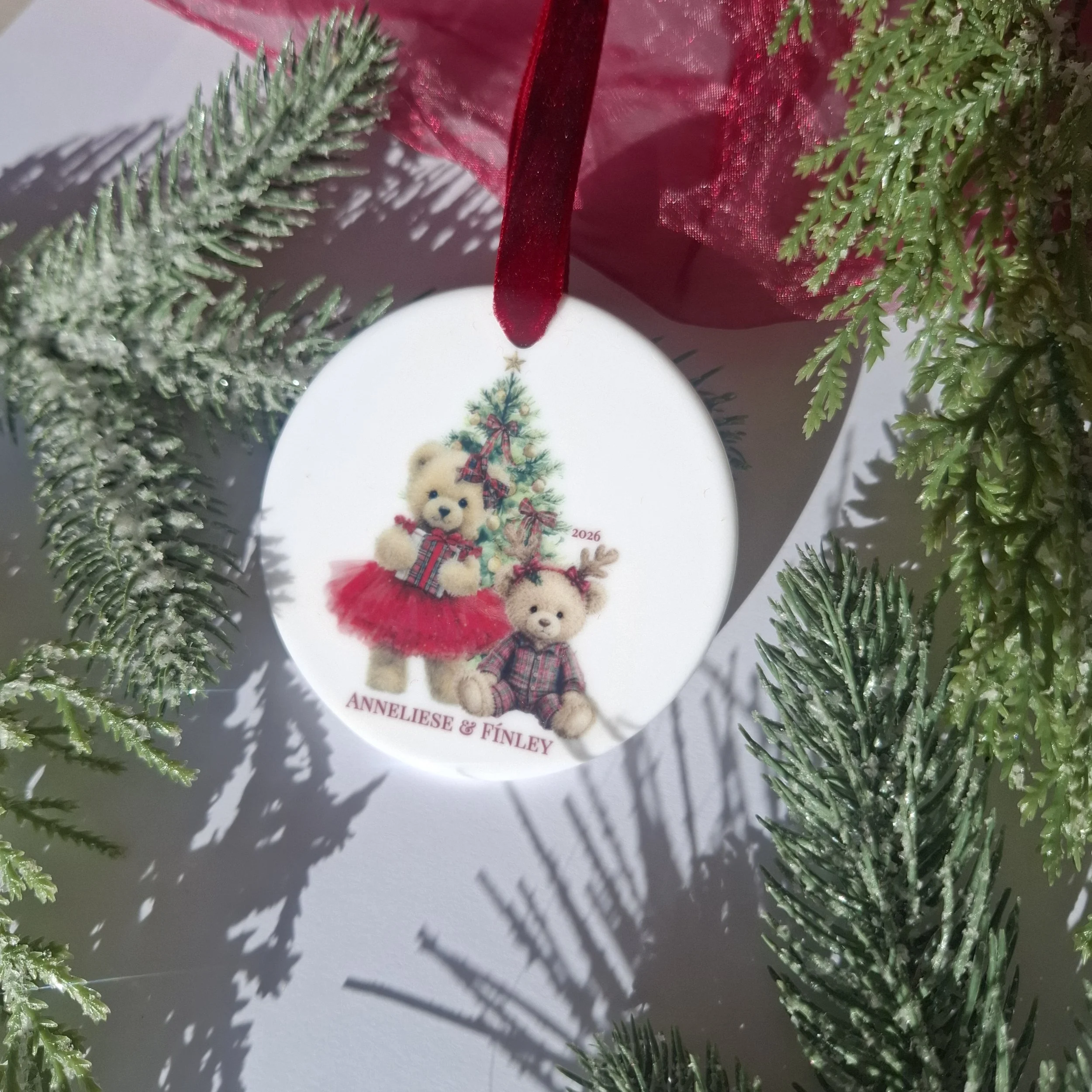 Personalised 2026 Two Teddy Bears Ceramic Christmas Decoration