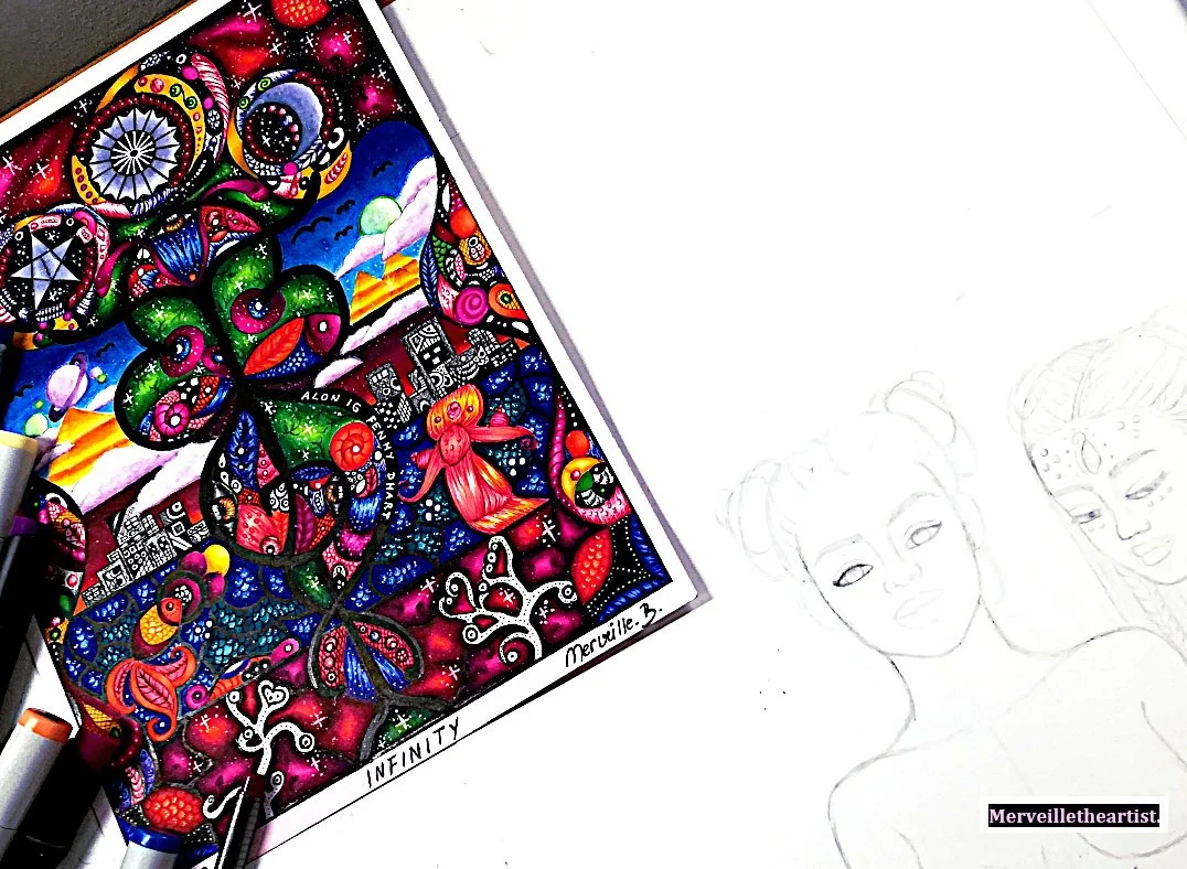 Colorful abstract art piece with patterns, shapes, and illustrations, including a pathway, a pink figure, and the words "Infinity" and "Merveille" on the border, with pencil sketches of two women on the right.